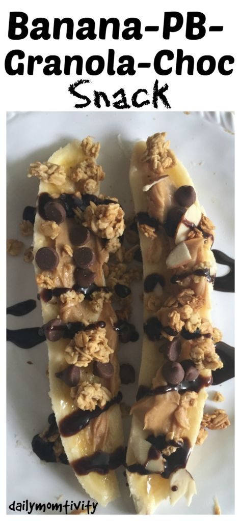 A delicious and healthy snack idea with peanut butter, granola, and chocolate chips!