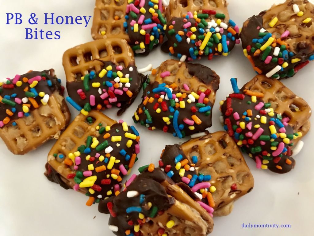 These PB & honey bites are so delicious! PB and honey mixed on a pretzel dipped in chocolate!