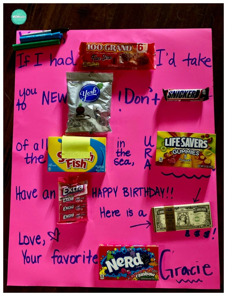 Candy gram birthday card! Much better than a paper card and everything can be found at the $1 store!