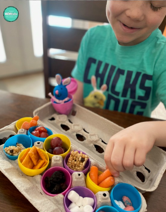 Easter Snack Idea for kids using the plastic eggs! The kids will love this and you can help them try different foods!