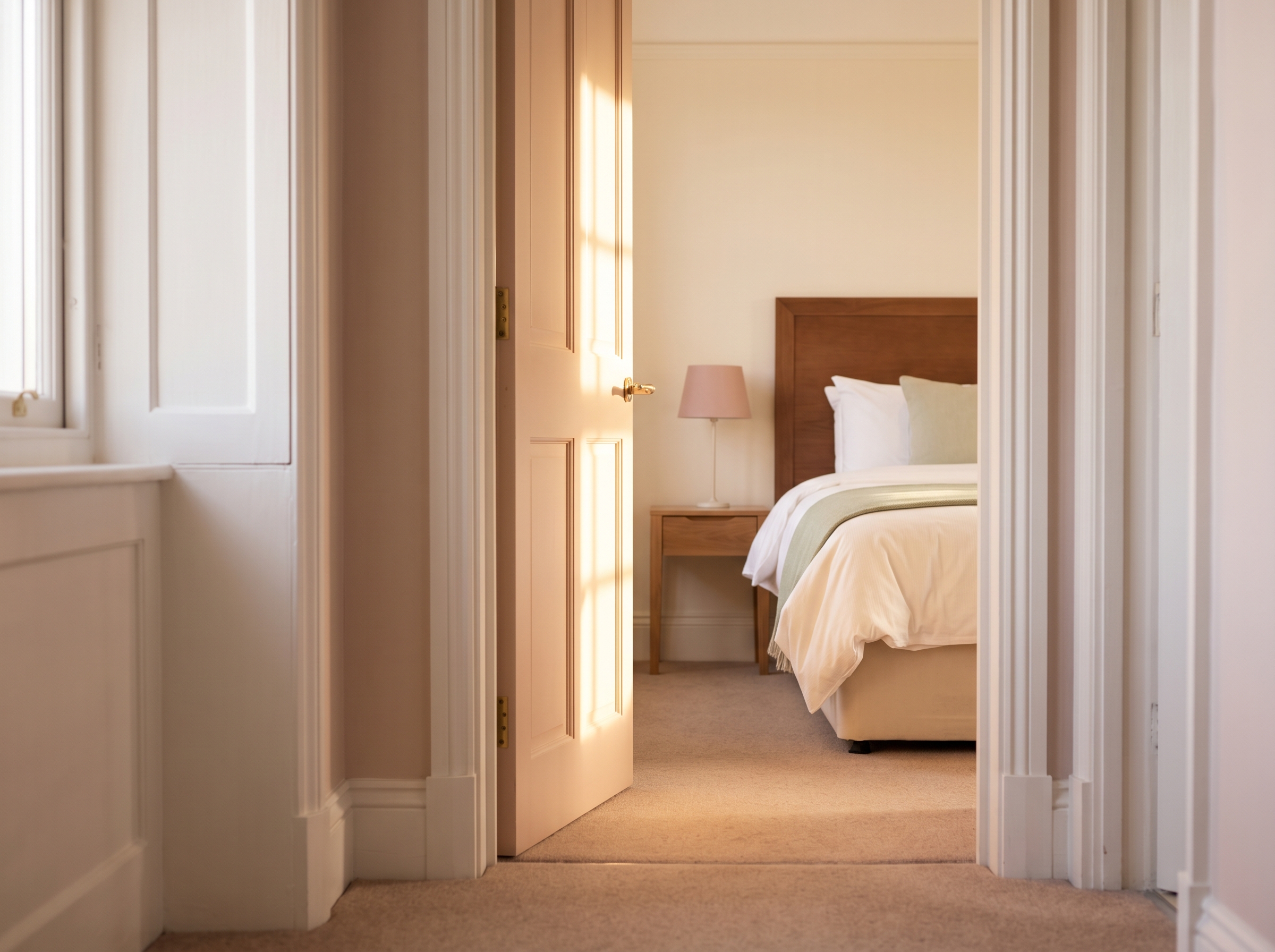 Hotel room entrance with soft afternoon light, empty hallway, welcoming open door, calm arrival scene