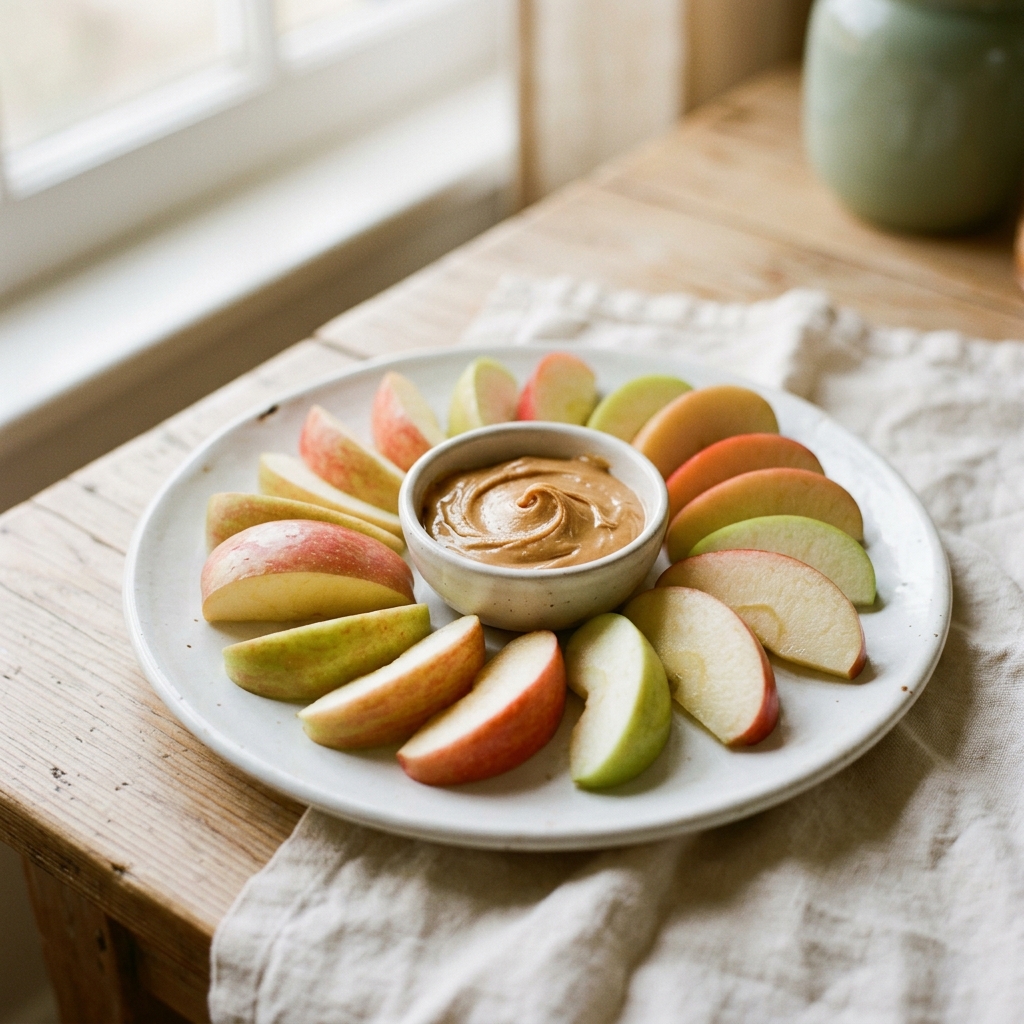 Apple slices arranged in a circle on a white ceramic plate with creamy peanut butter in a small matching bowl for dipping