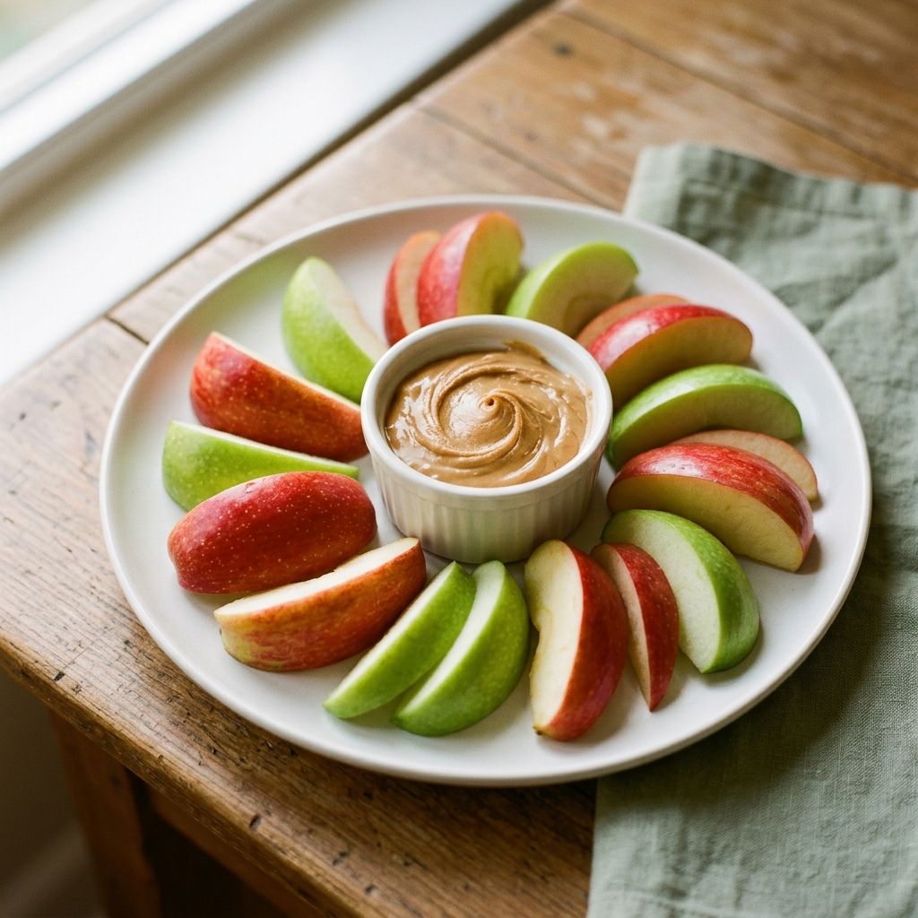 Apple slices arranged on a white plate with a small bowl of creamy peanut butter for dipping
