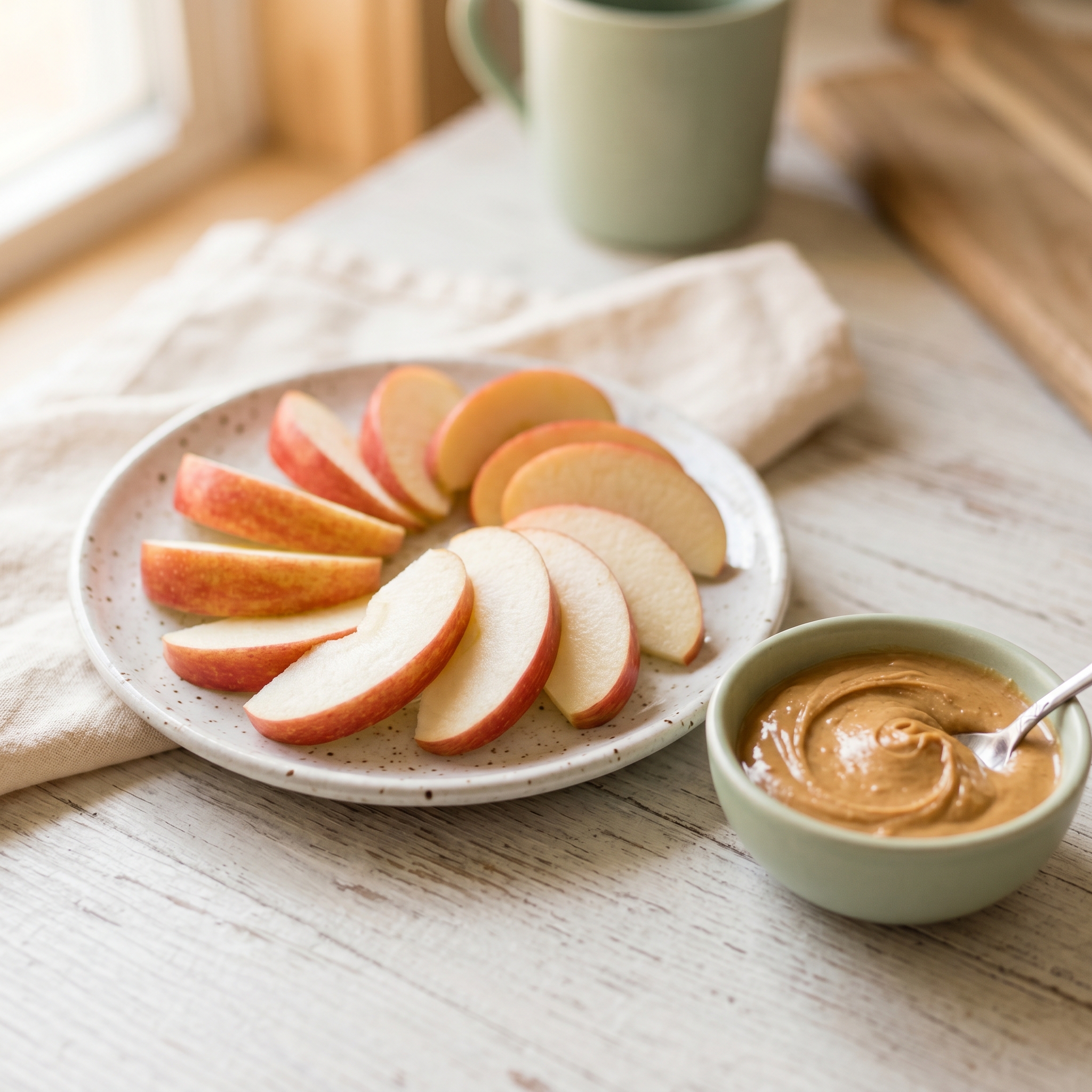 Close-up of apple slices arranged on a small white plate with a bowl of creamy peanut butter for dipping