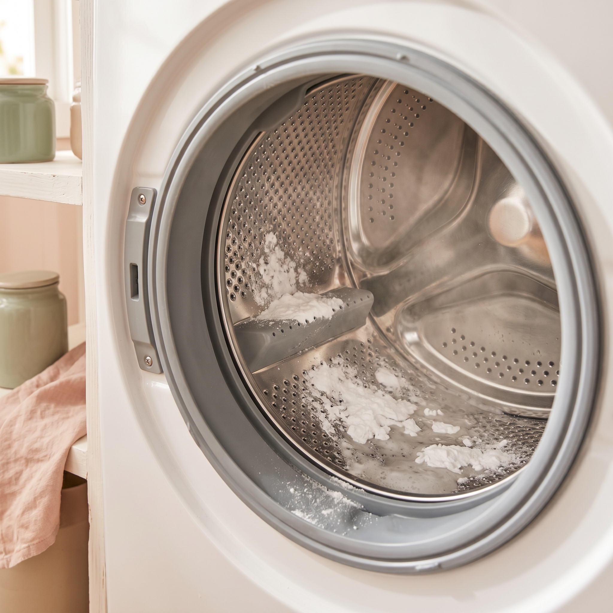 Washing machine drum with white vinegar and baking soda visible, ready for cleaning cycle