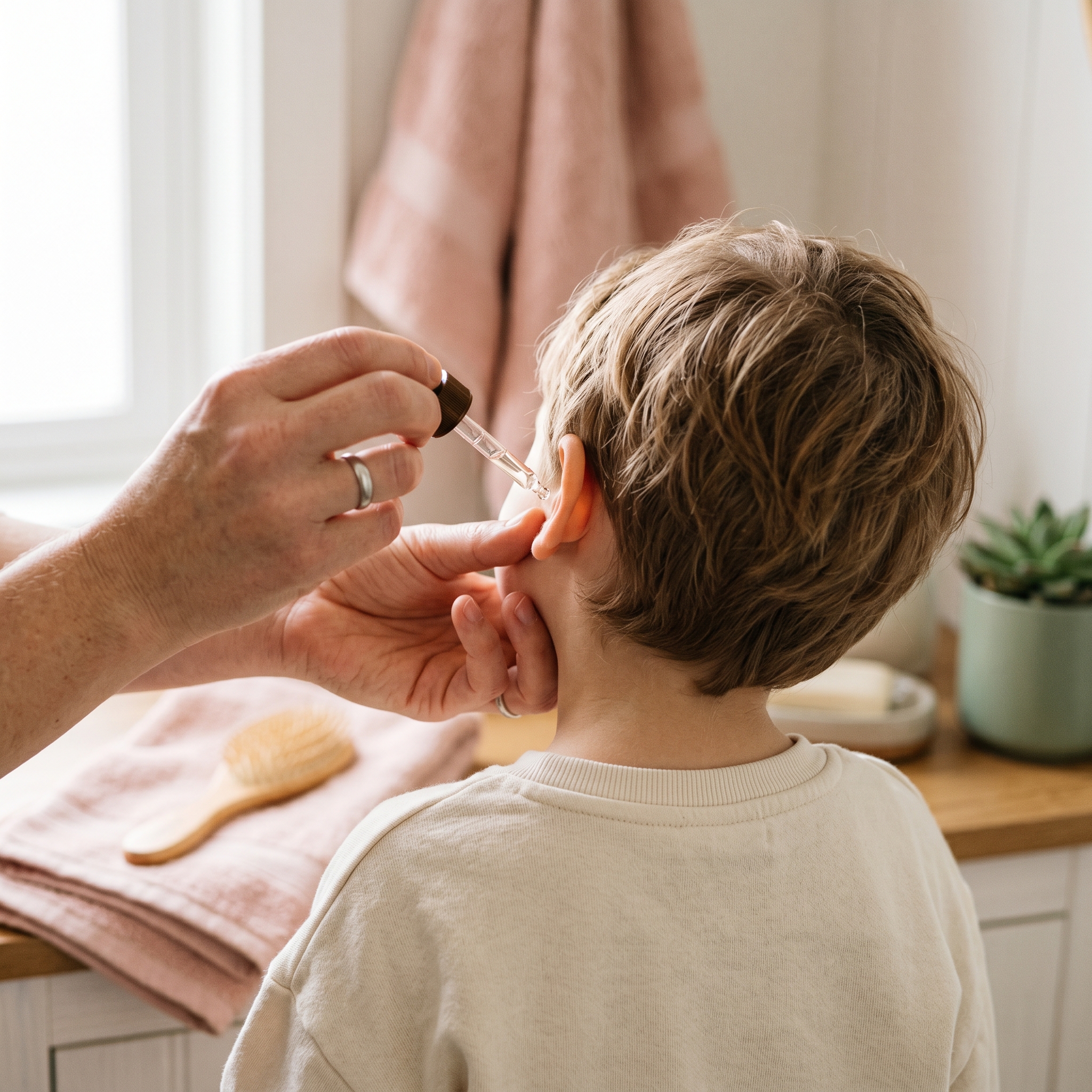 Hands holding dropper bottle applying ear drops to child's ear from behind, soft natural light