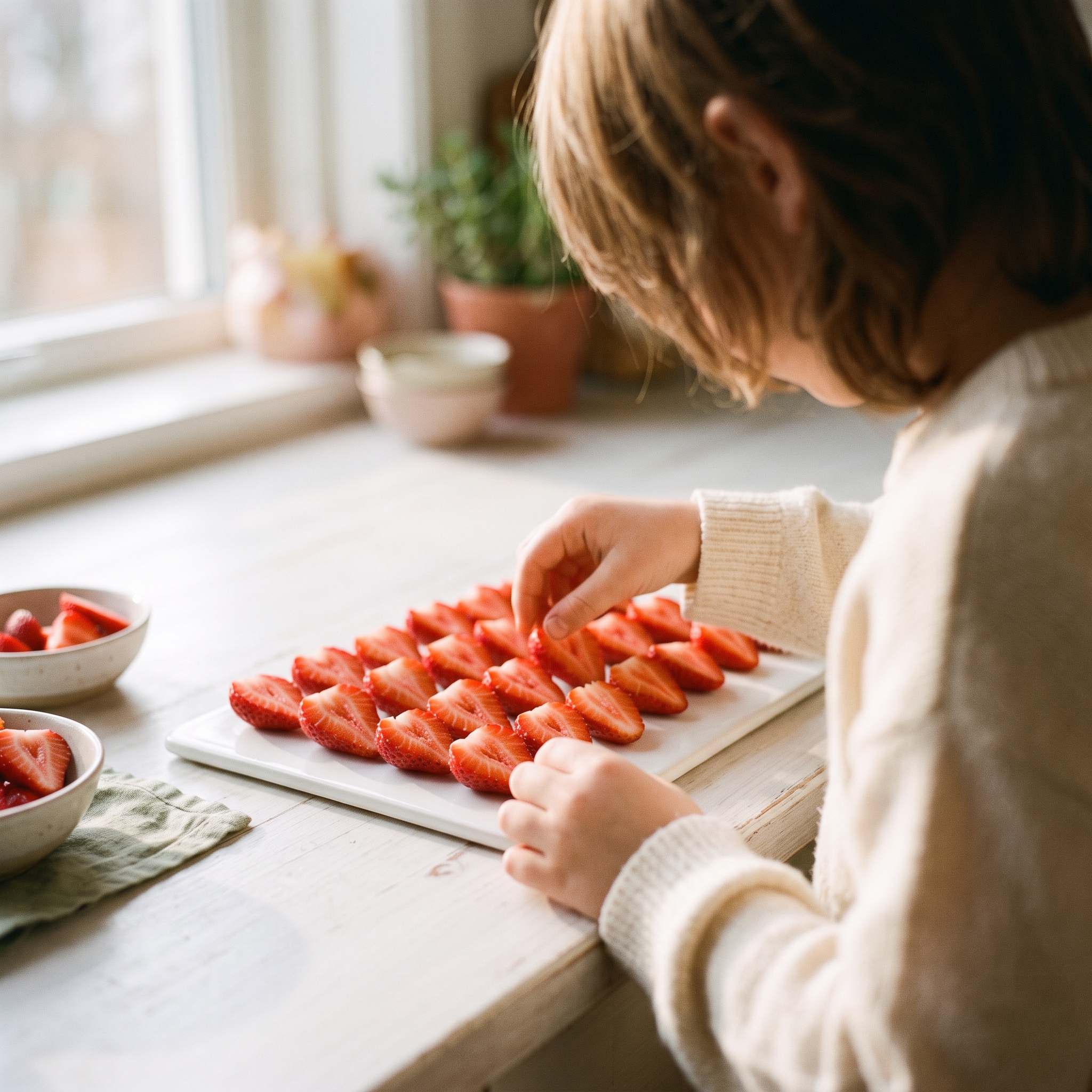 Hands arranging red strawberry halves in horizontal rows on a white rectangular tray