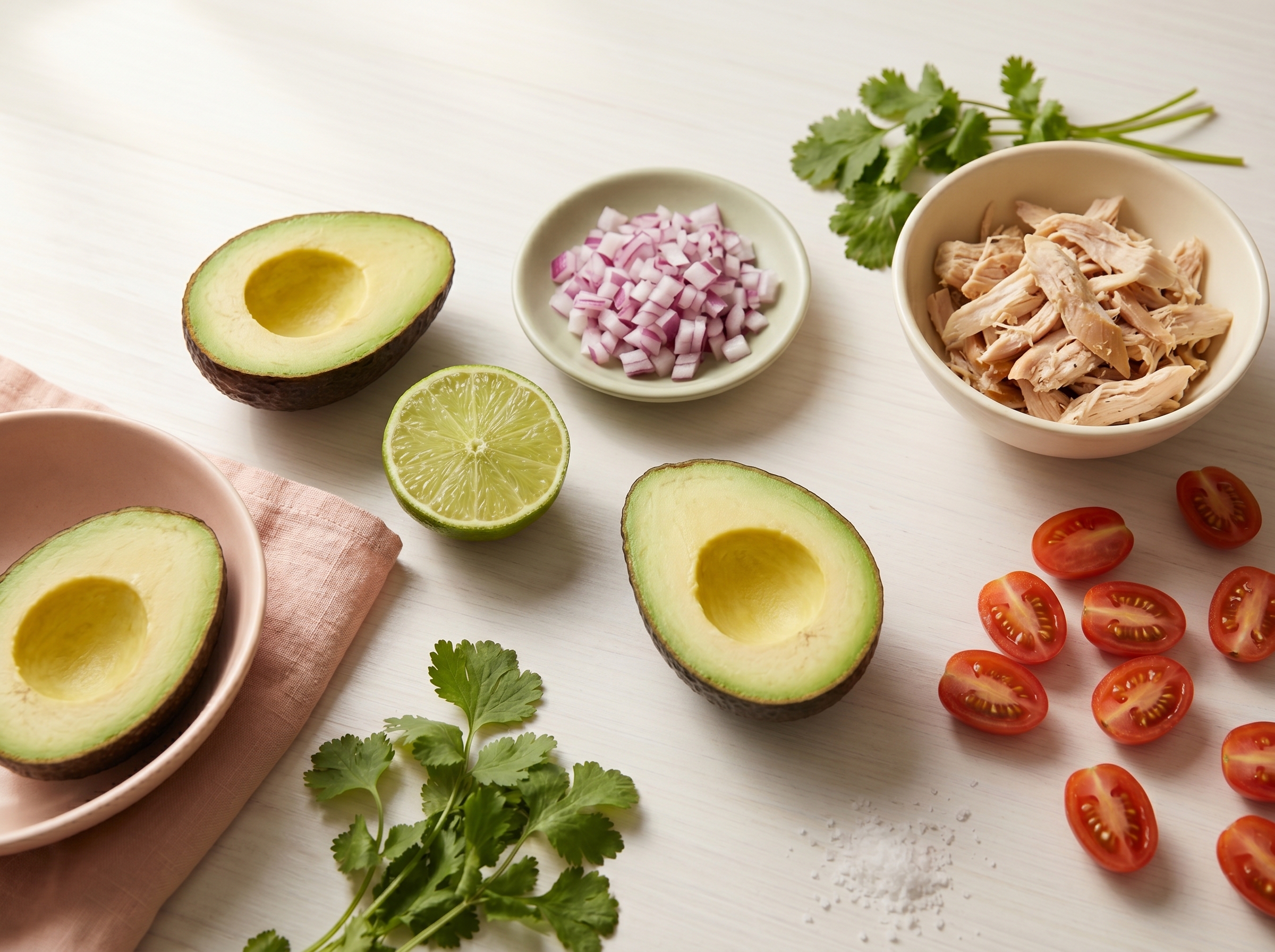 Ingredients for avocado chicken salad arranged on white surface: avocado halves, lime, red onion, cilantro