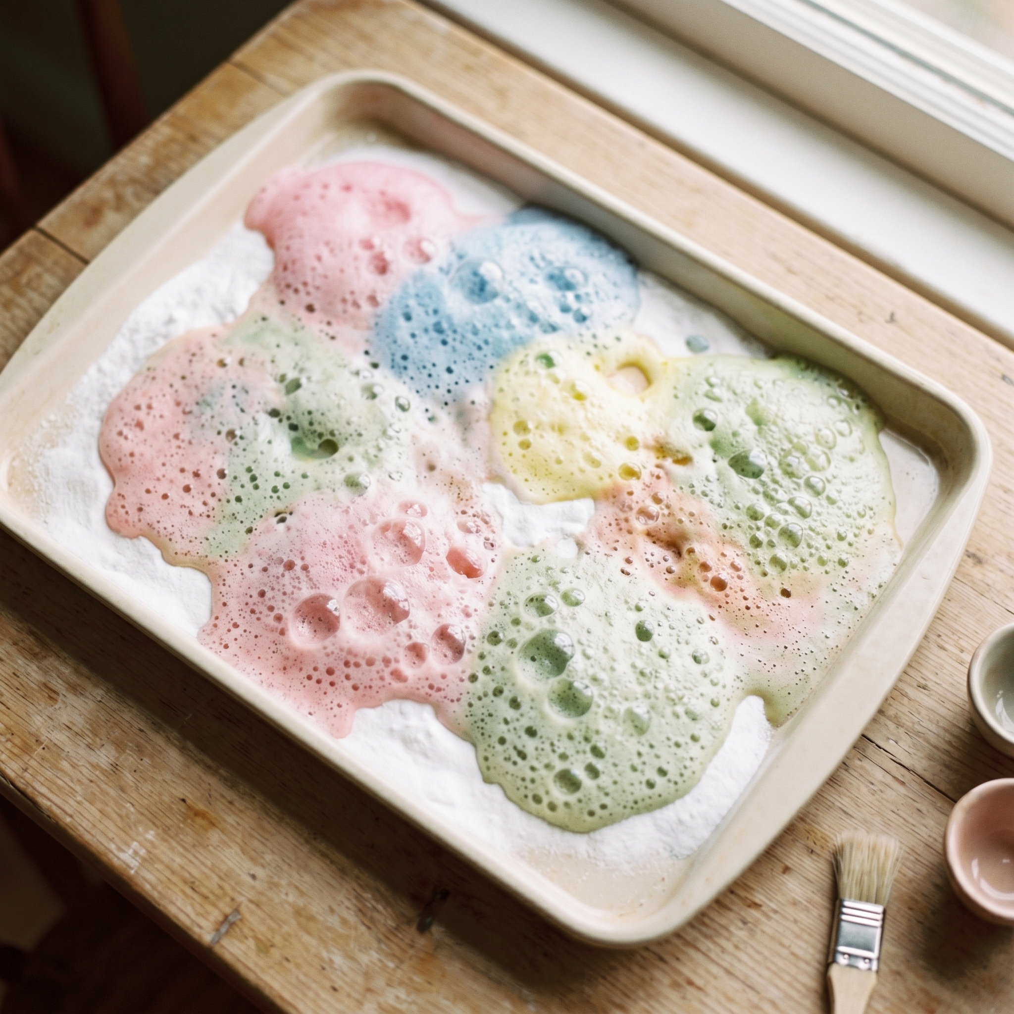 Baking sheet with active fizzing baking soda and vinegar reaction showing colorful foam and bubbles in progress