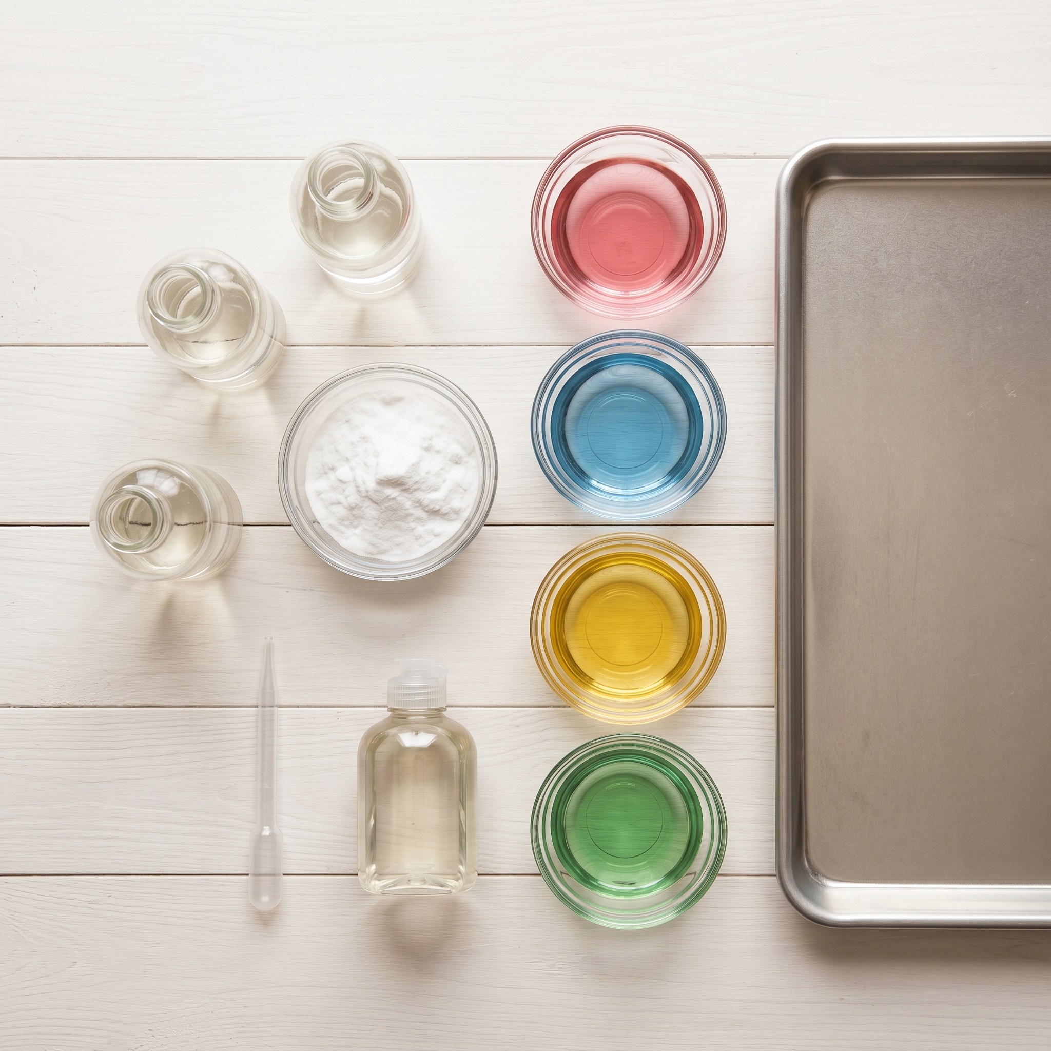 All supplies for baking soda vinegar experiment arranged on white surface: baking soda, vinegar bottles, food coloring