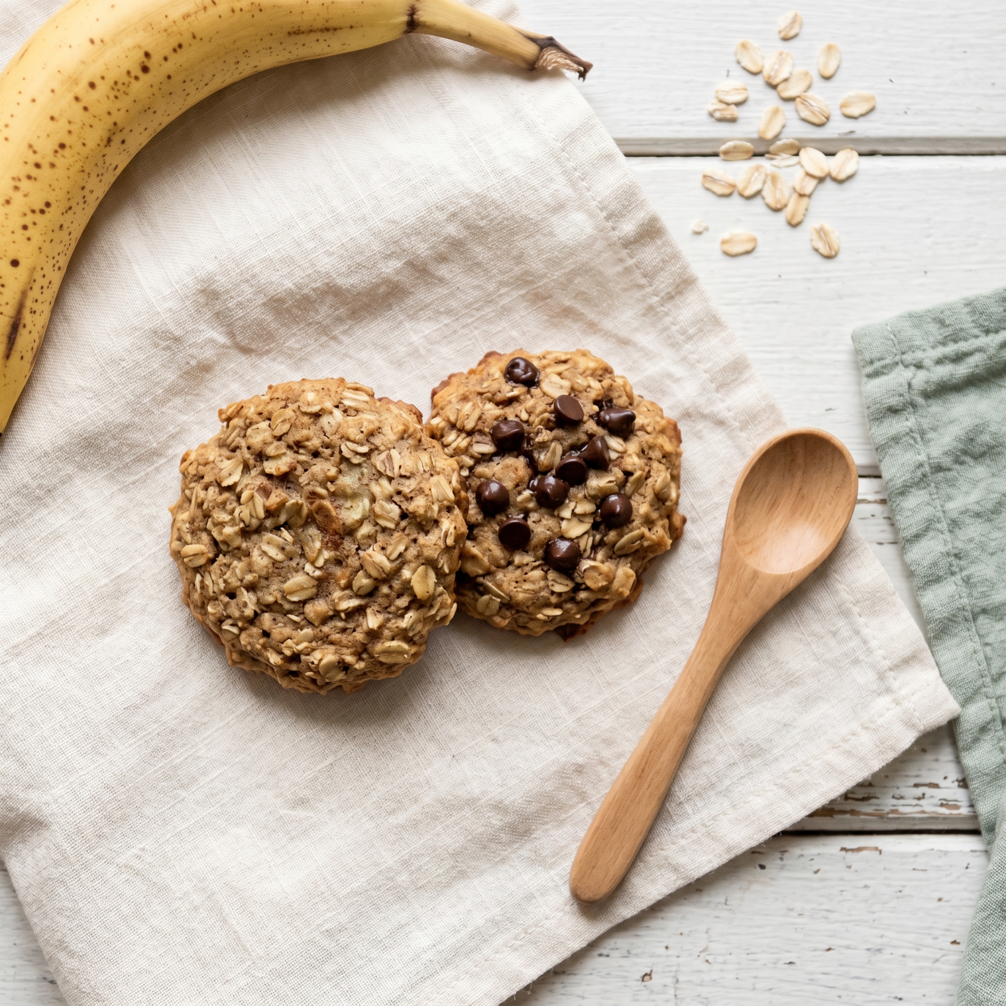 Plain banana oat cookie and chocolate chip banana oat cookie side by side on a cream linen surface