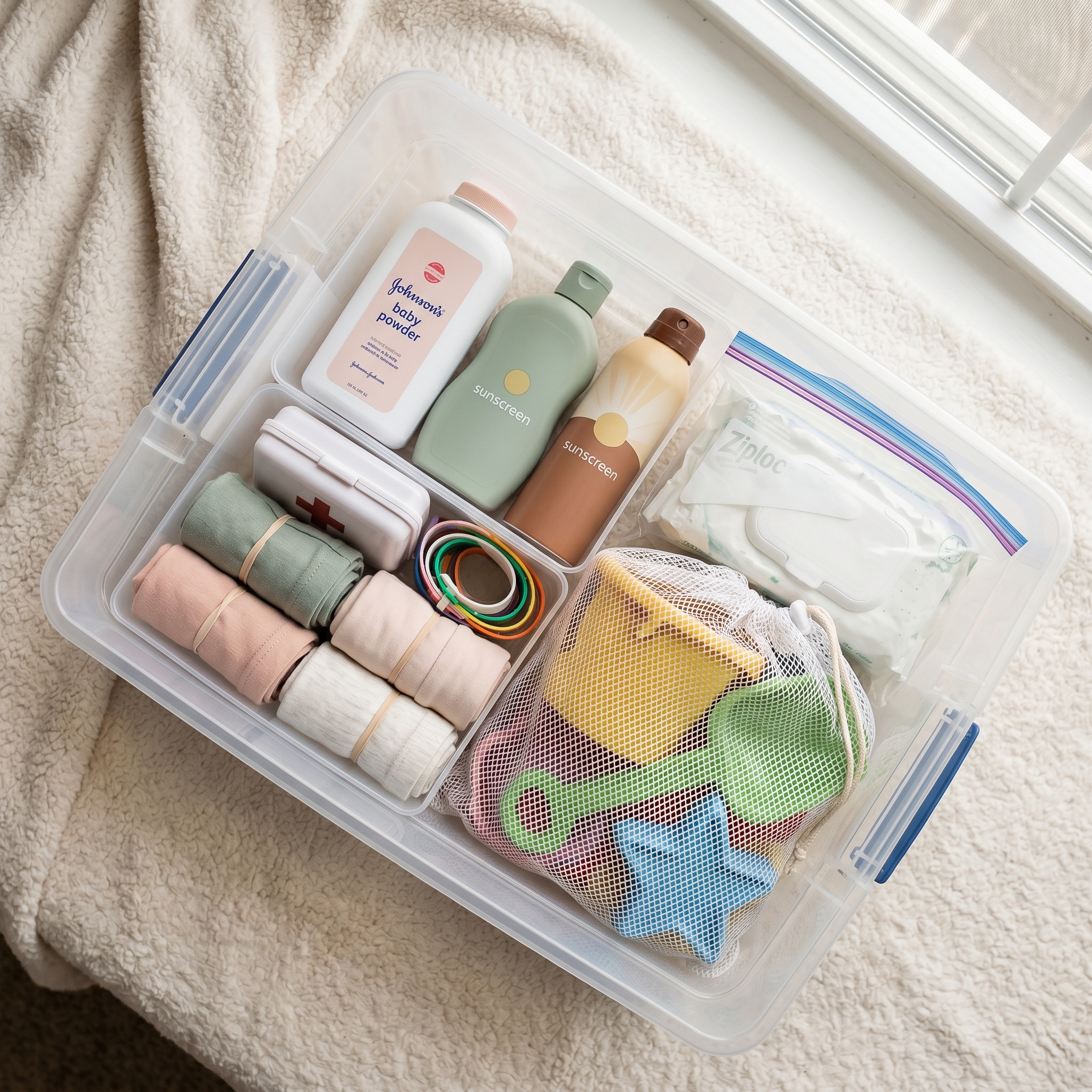 Overhead view of beach bag contents: baby powder, sunscreen, mesh toy bag, snacks, wipes