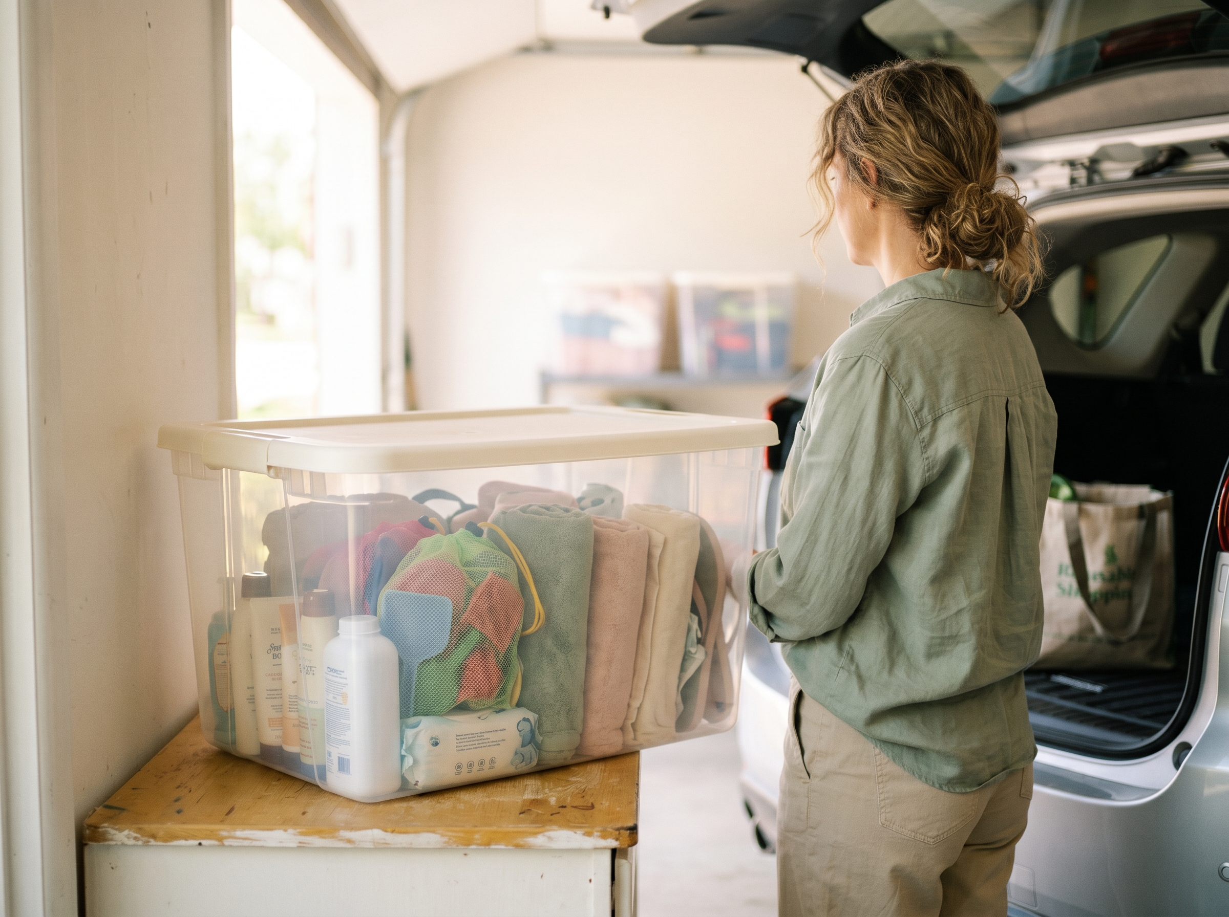 Stacked clear plastic storage bins in a garage corner, one labeled or filled with beach gear, soft natural light