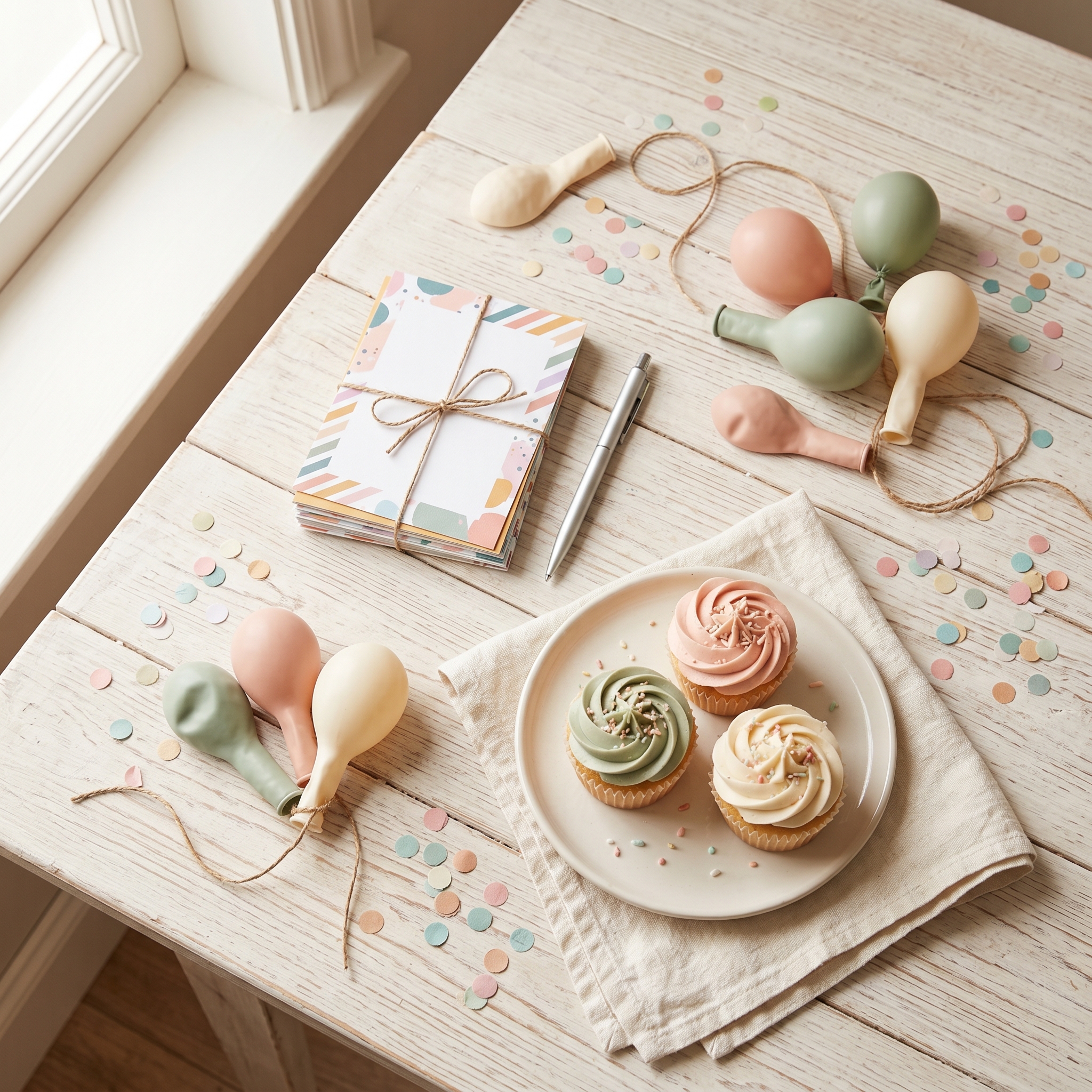 Flat lay of birthday party supplies including invitations, balloons, cupcakes, and party planning checklist on light surface