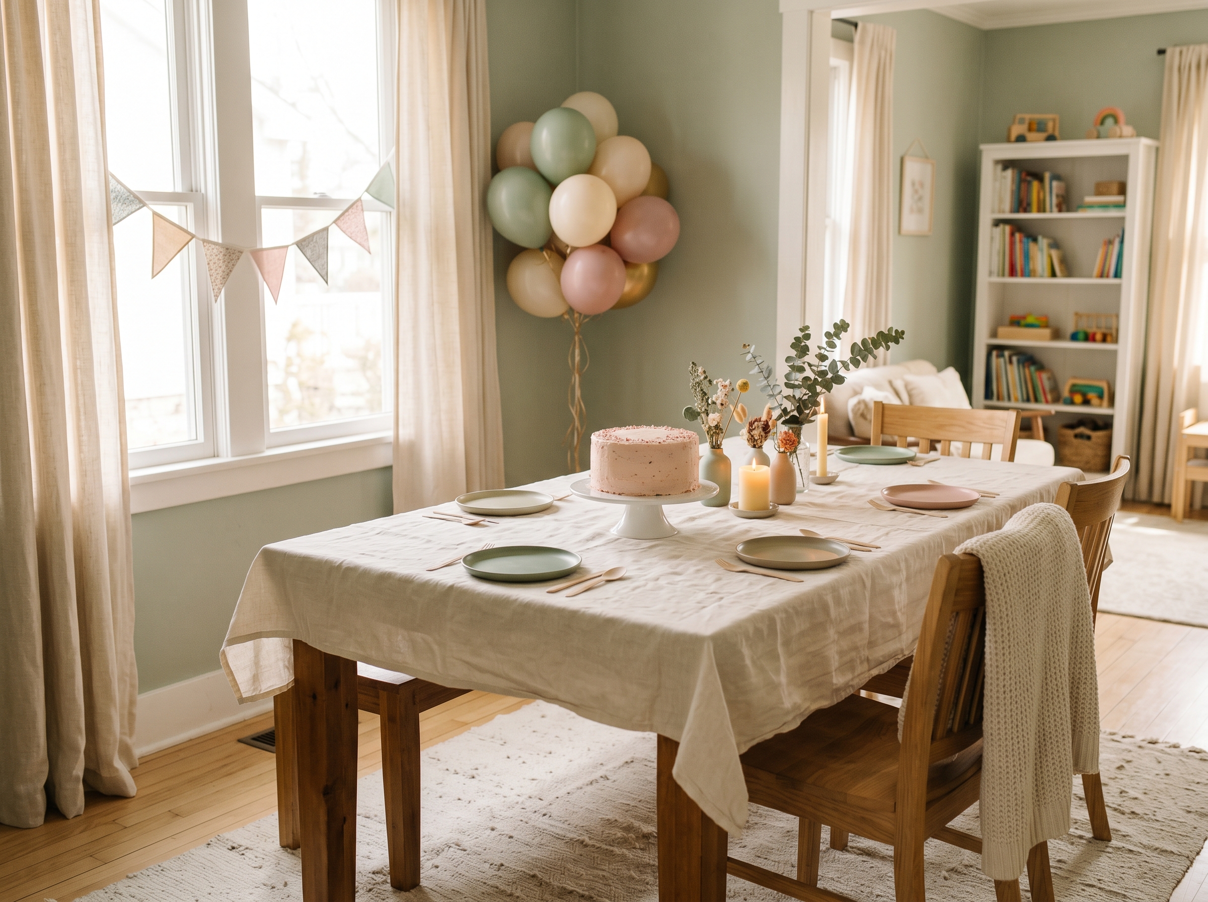 Simple birthday party room with balloons, streamers, and a decorated table ready for guests
