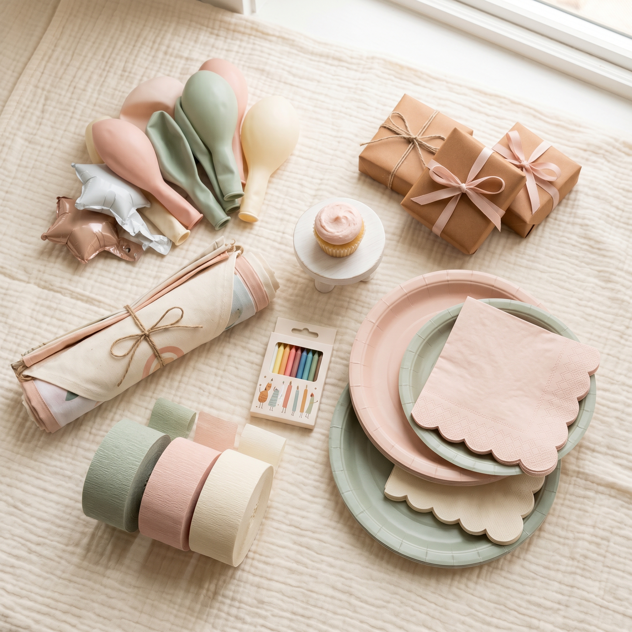 Organized party supplies including balloons, streamers, cake candles, and banner on white background