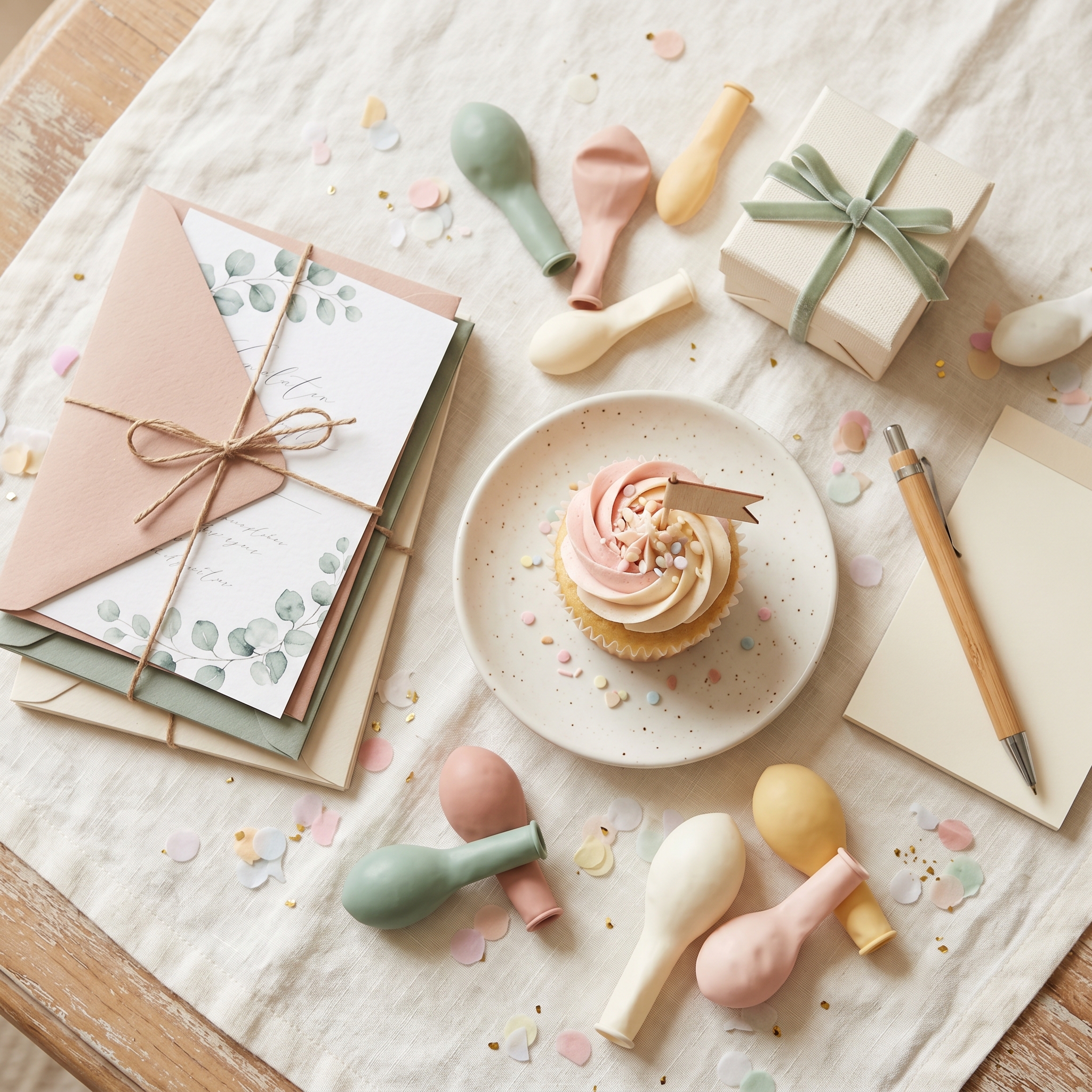 Organized birthday party supplies including invitations, balloons, cake, decorations