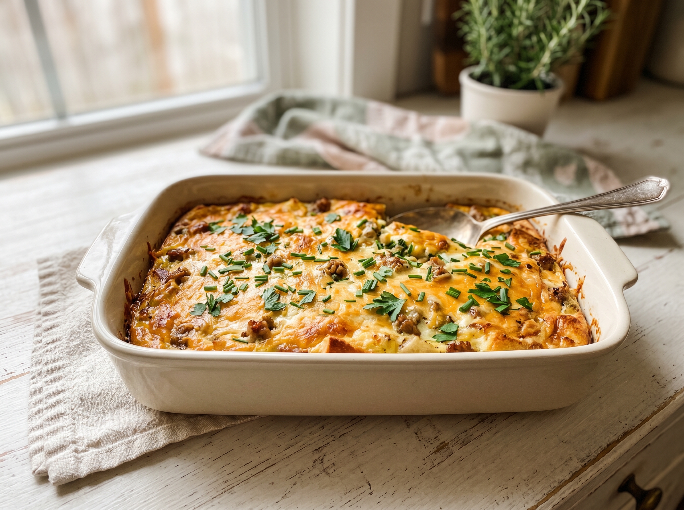 Baked breakfast casserole with golden bubbly cheddar cheese and fresh herbs in 9x13 dish