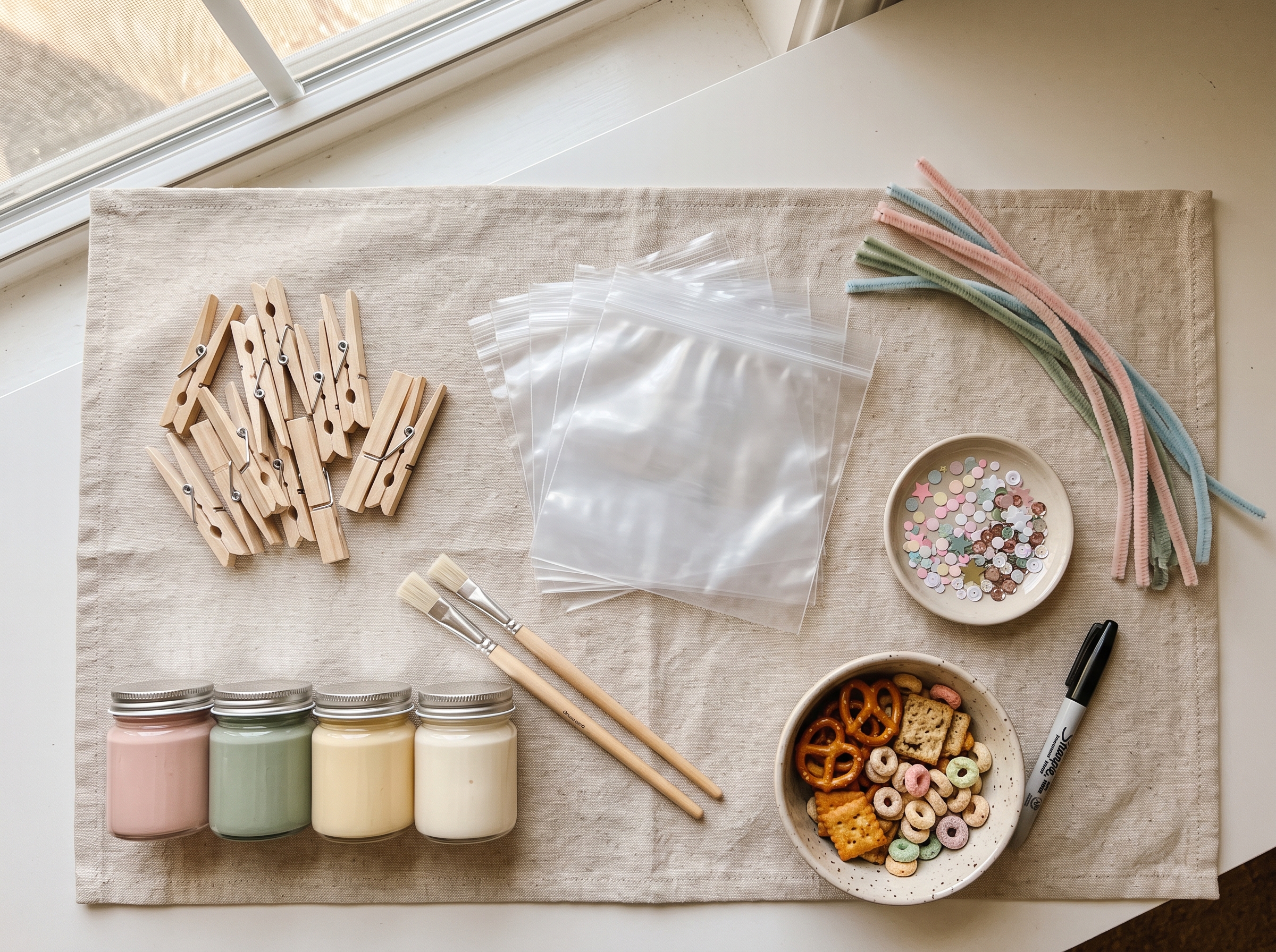 Craft materials laid out on a mat: wooden clothespins, paint jars, pipe cleaners, zip bags, glitter stickers, and snacks
