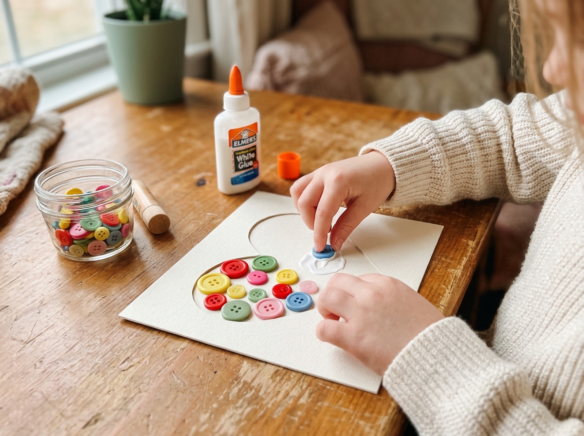 child hands gluing buttons onto heart template craft activity