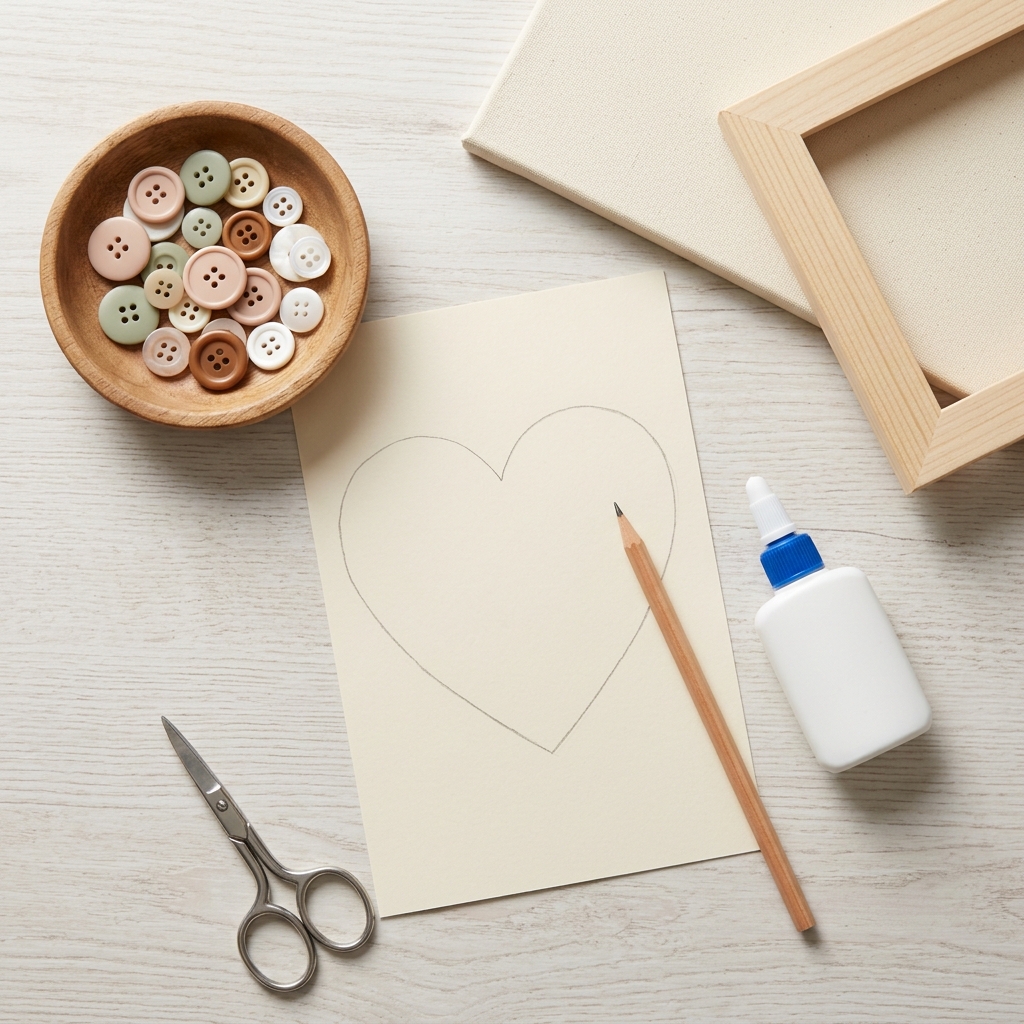button craft supplies laid out cardstock glue buttons pencil frame