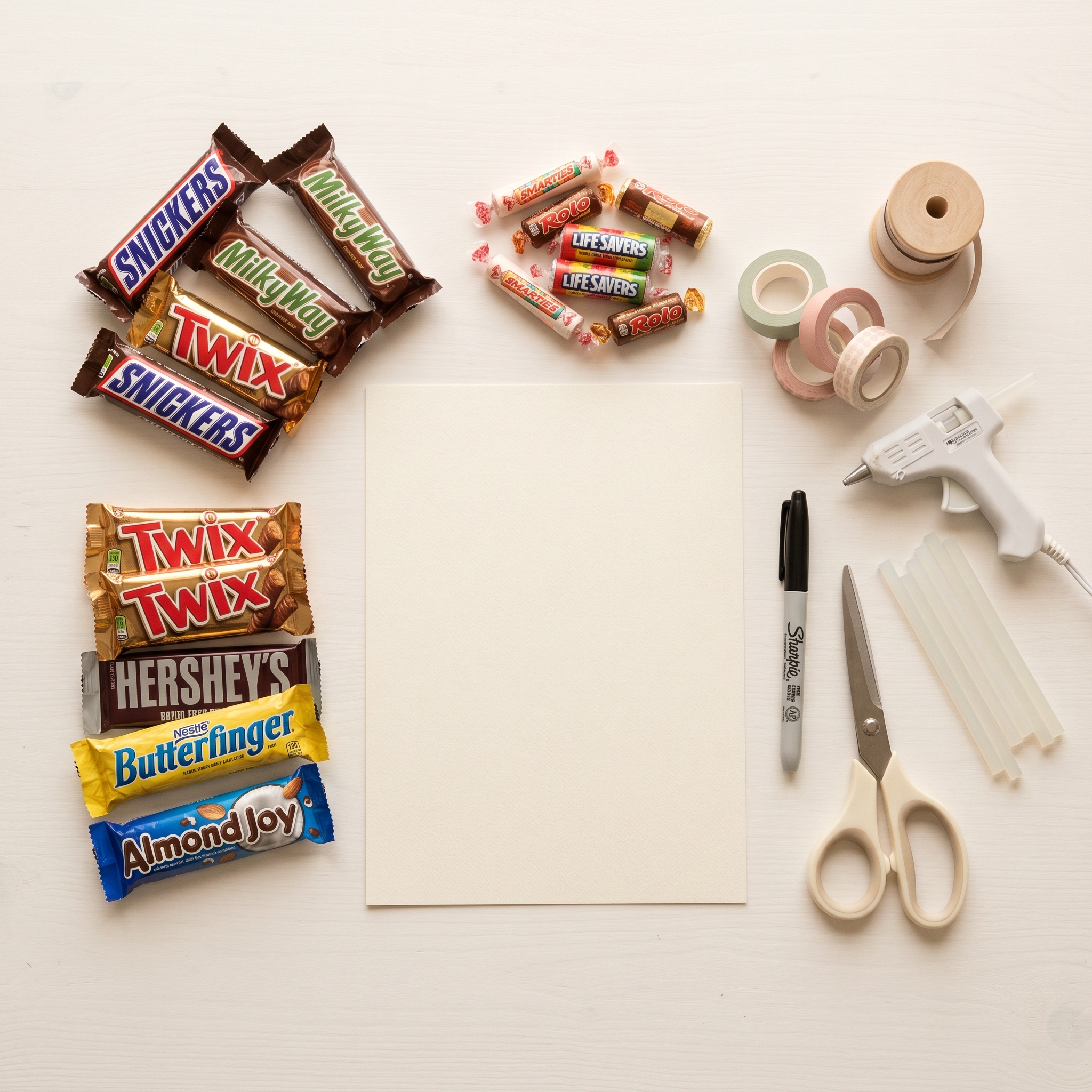 Craft materials for candy gram card spread on white table: candy bars, poster board, markers, hot glue gun, scissors