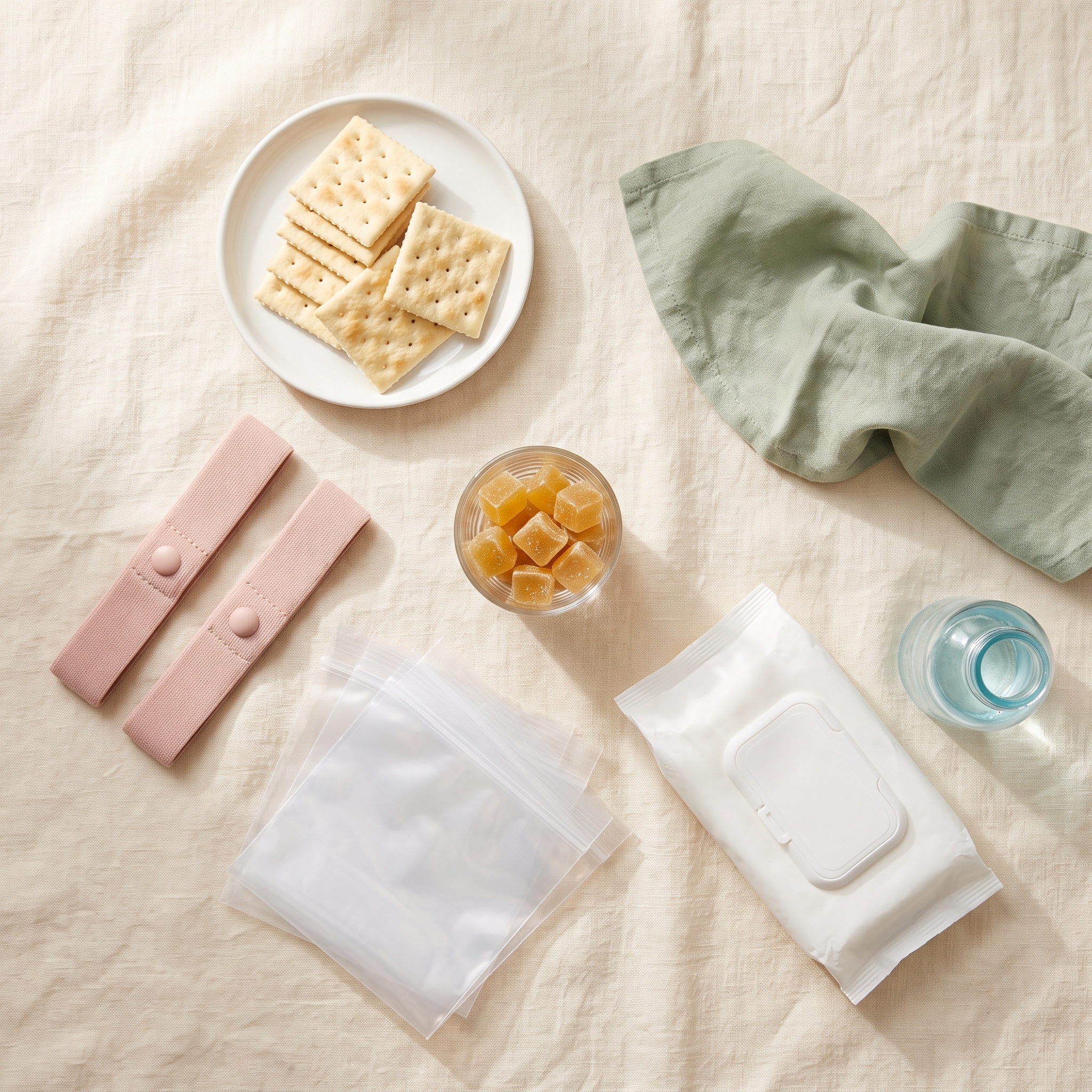 Flat lay of car sickness prevention items: ginger chews, motion sickness bands, wet wipes, crackers
