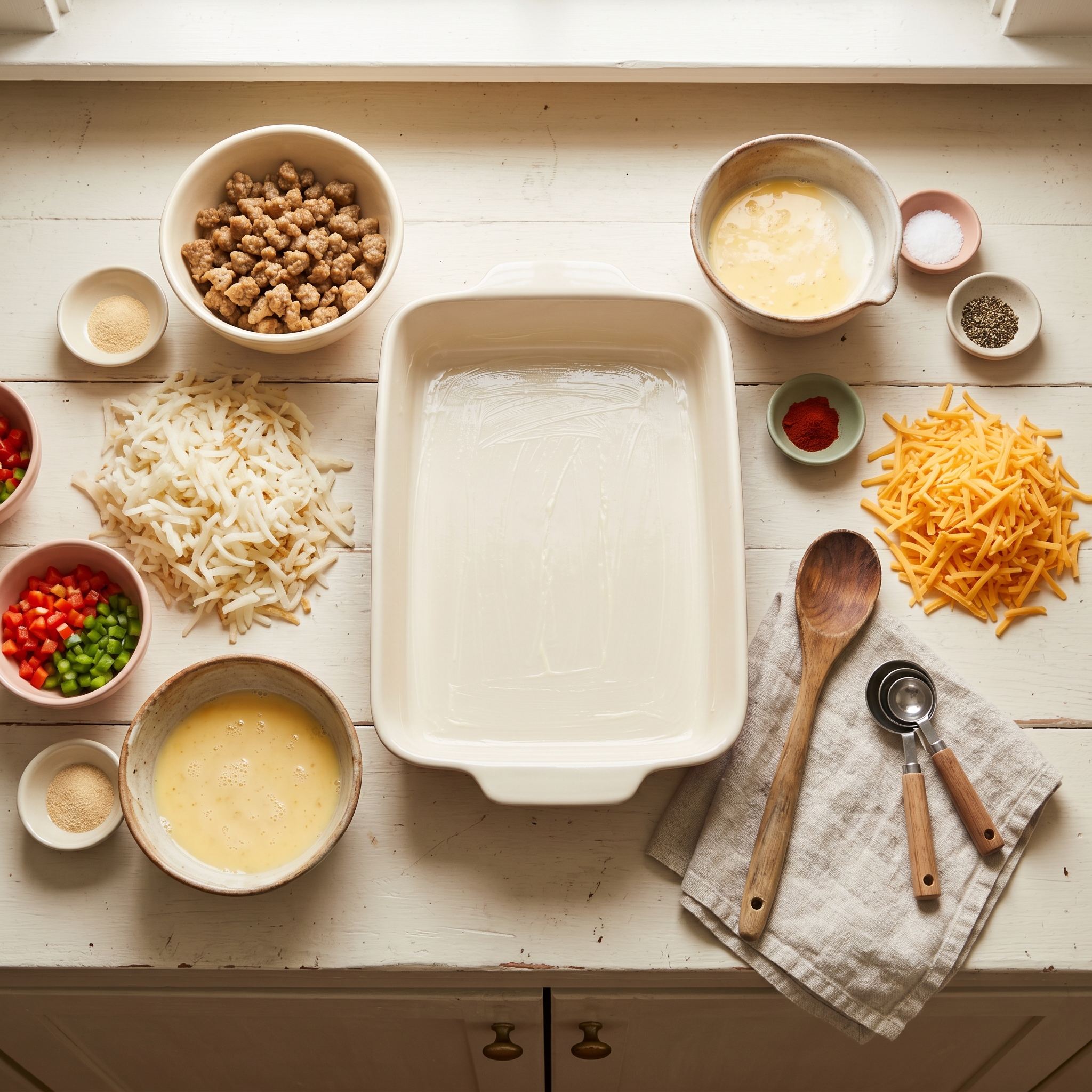 Overhead view of breakfast casserole ingredients arranged on counter: eggs, cheese, peppers, sausage, hash browns