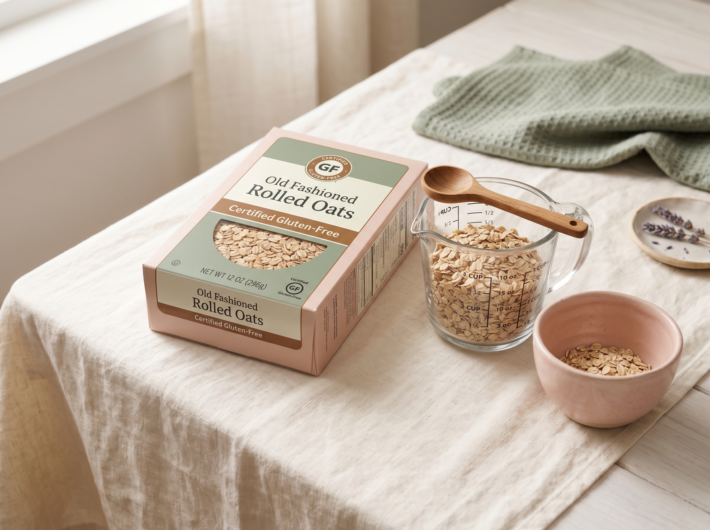 Certified gluten-free rolled oats box with certification seal visible next to a measuring cup of oats on a soft cream surface