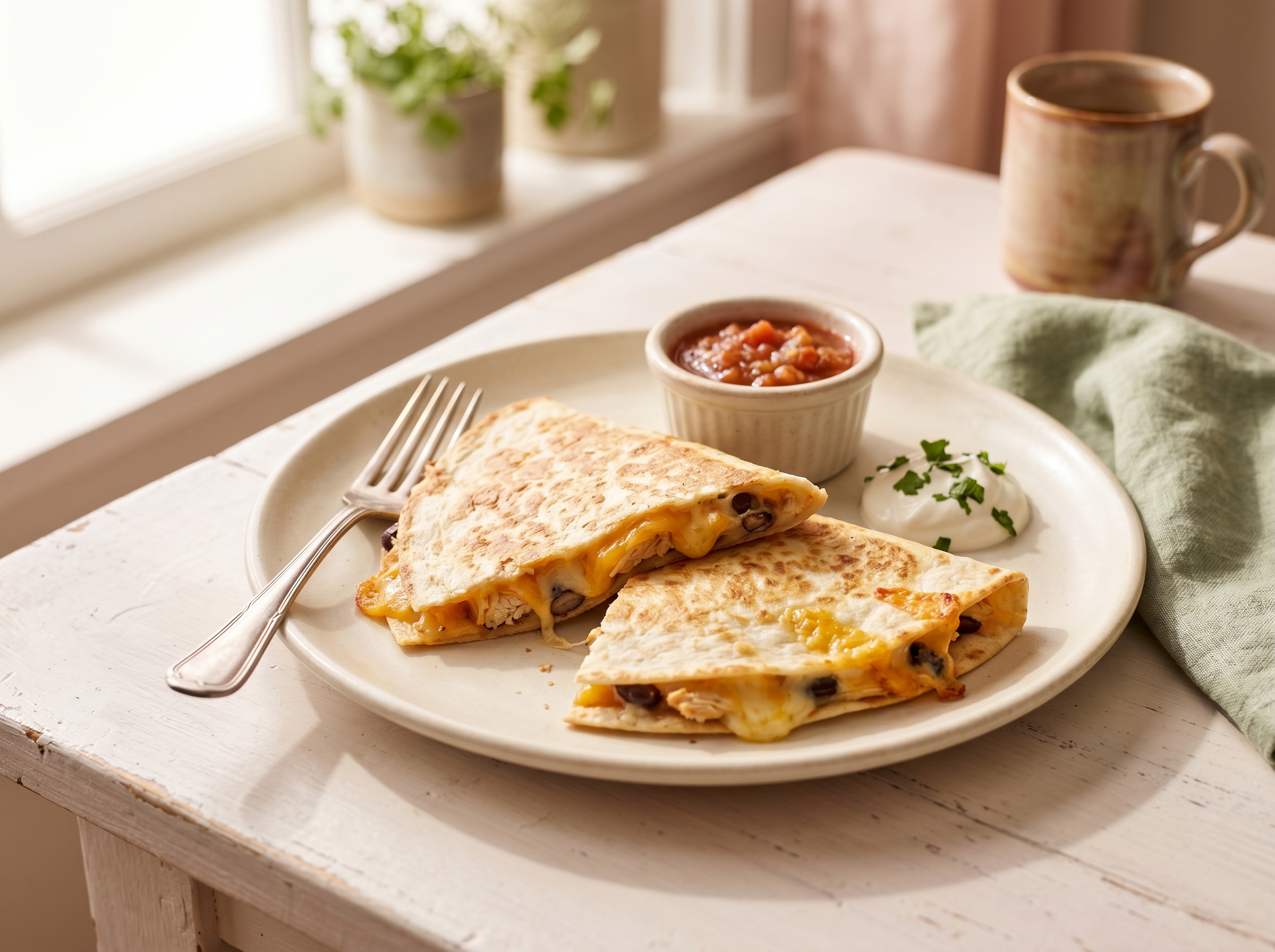 Golden-brown cheesy chicken quesadilla cut in half on a cream plate with sour cream and salsa on the side