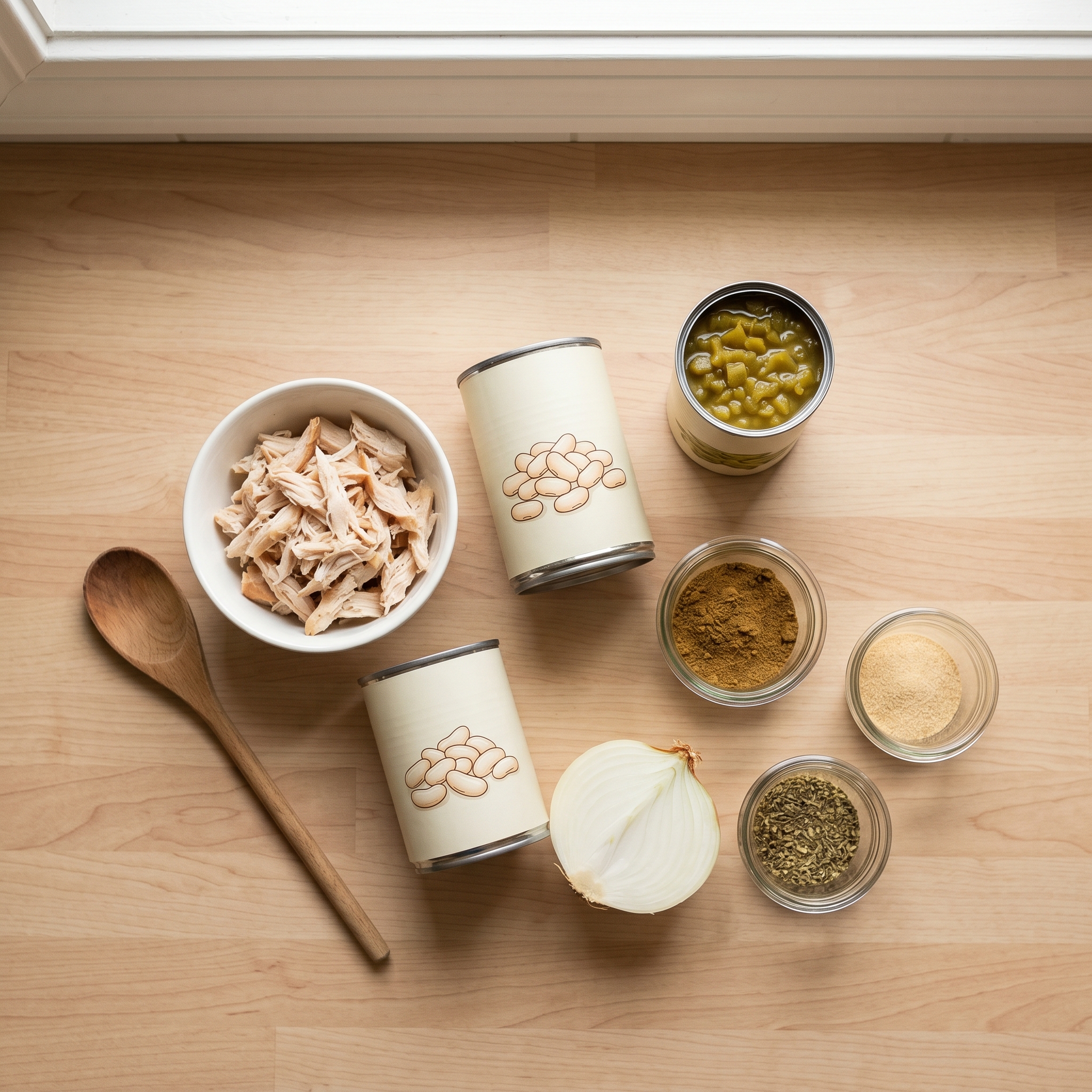 Ingredients for white chicken chili arranged on a light wood counter: rotisserie chicken, white beans, green chiles, onion