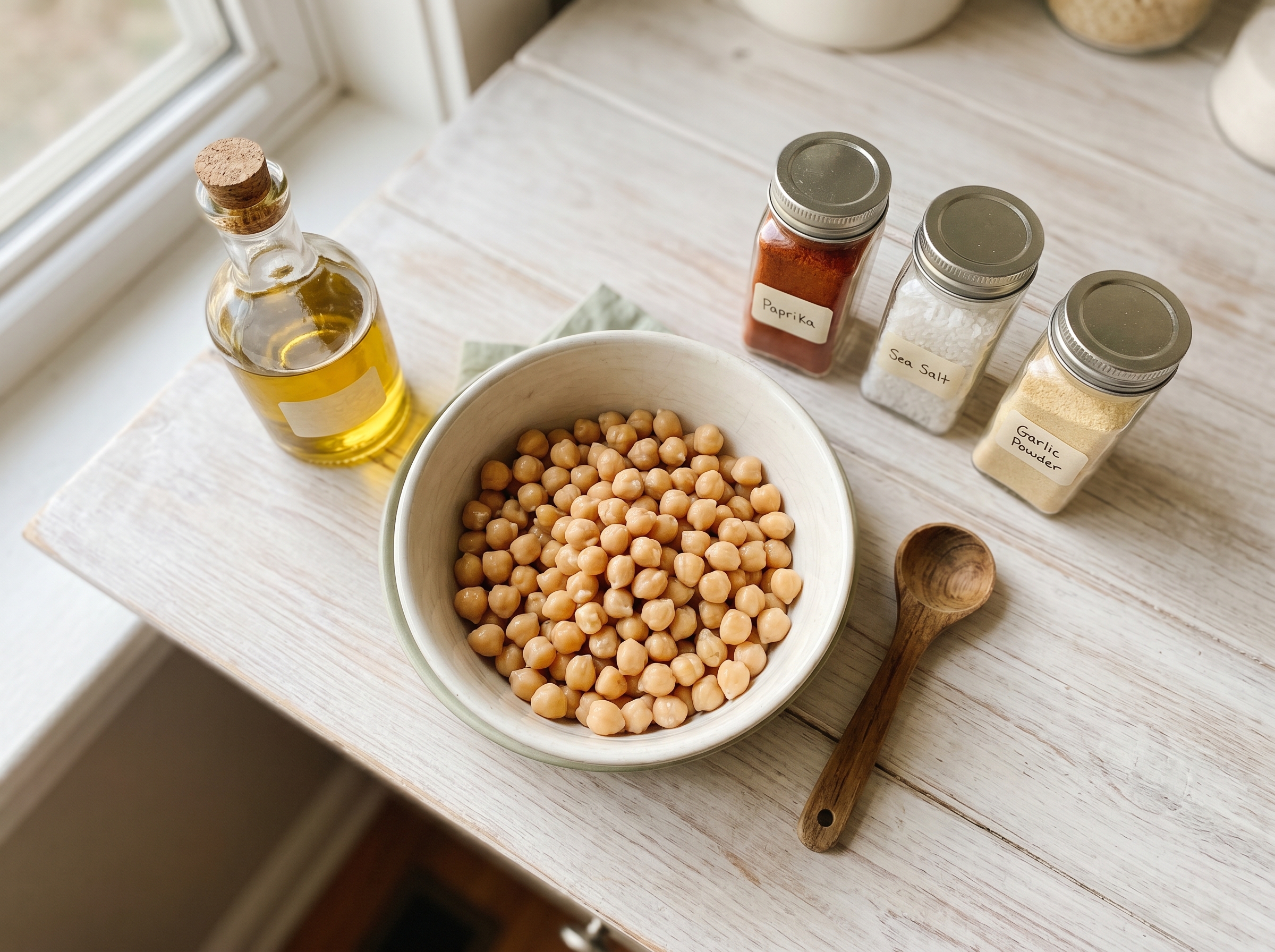 Drained canned chickpeas in white bowl with olive oil bottle and spice jars arranged on wooden surface