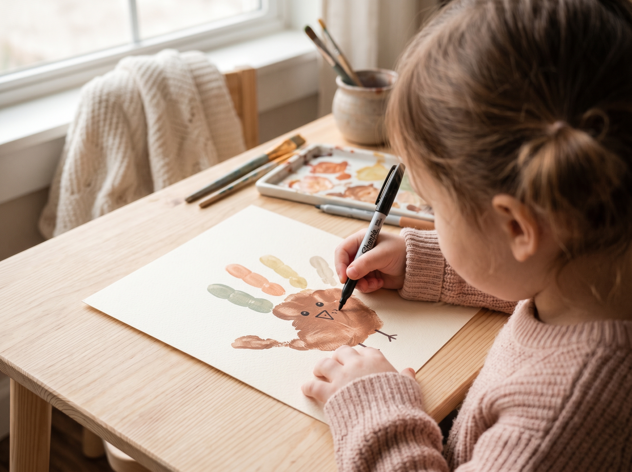 Child's hand holding a black marker, adding eyes and beak details to a handprint turkey craft