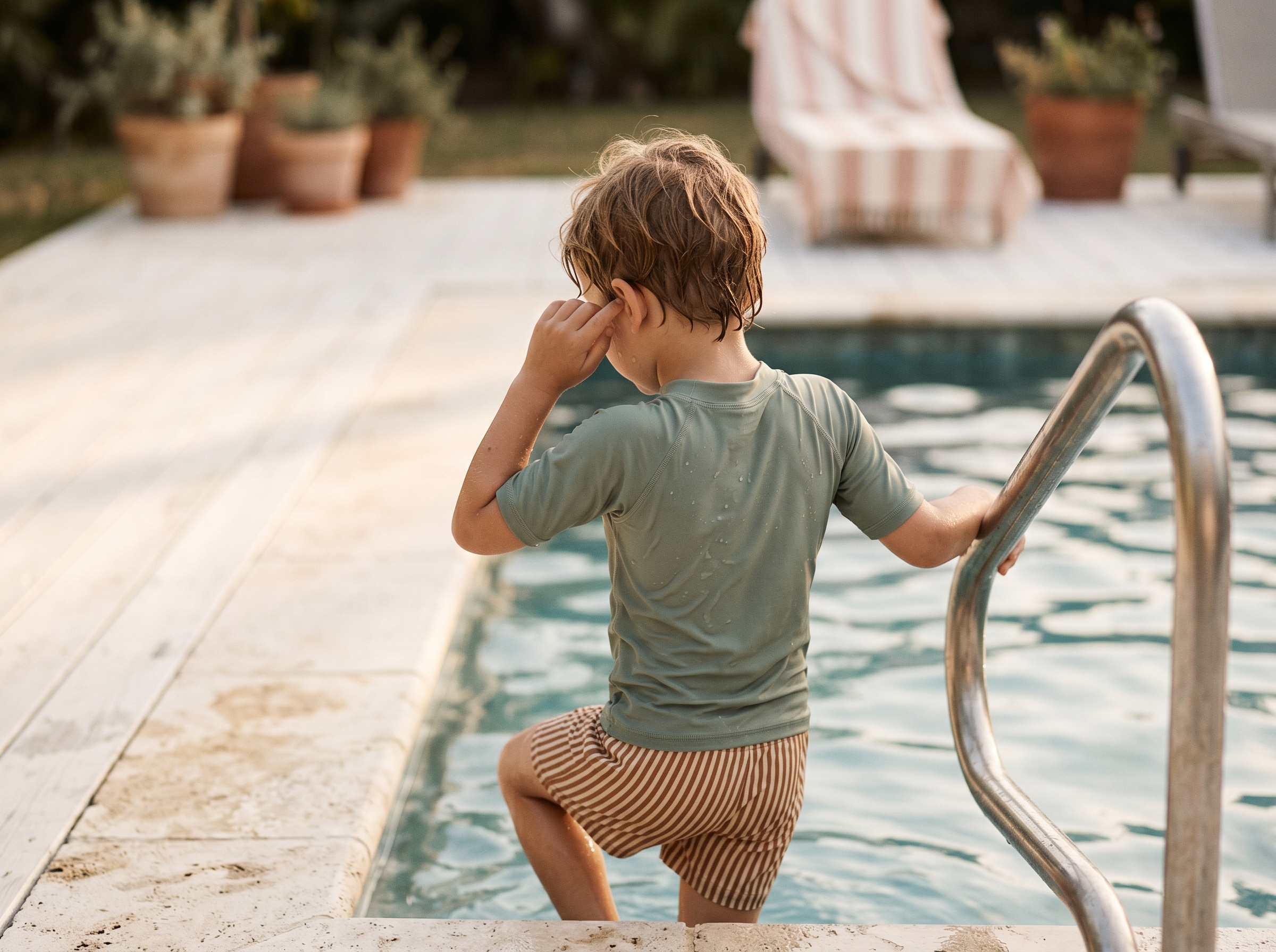 Child from behind emerging from pool, hand reaching toward ear, warm afternoon light
