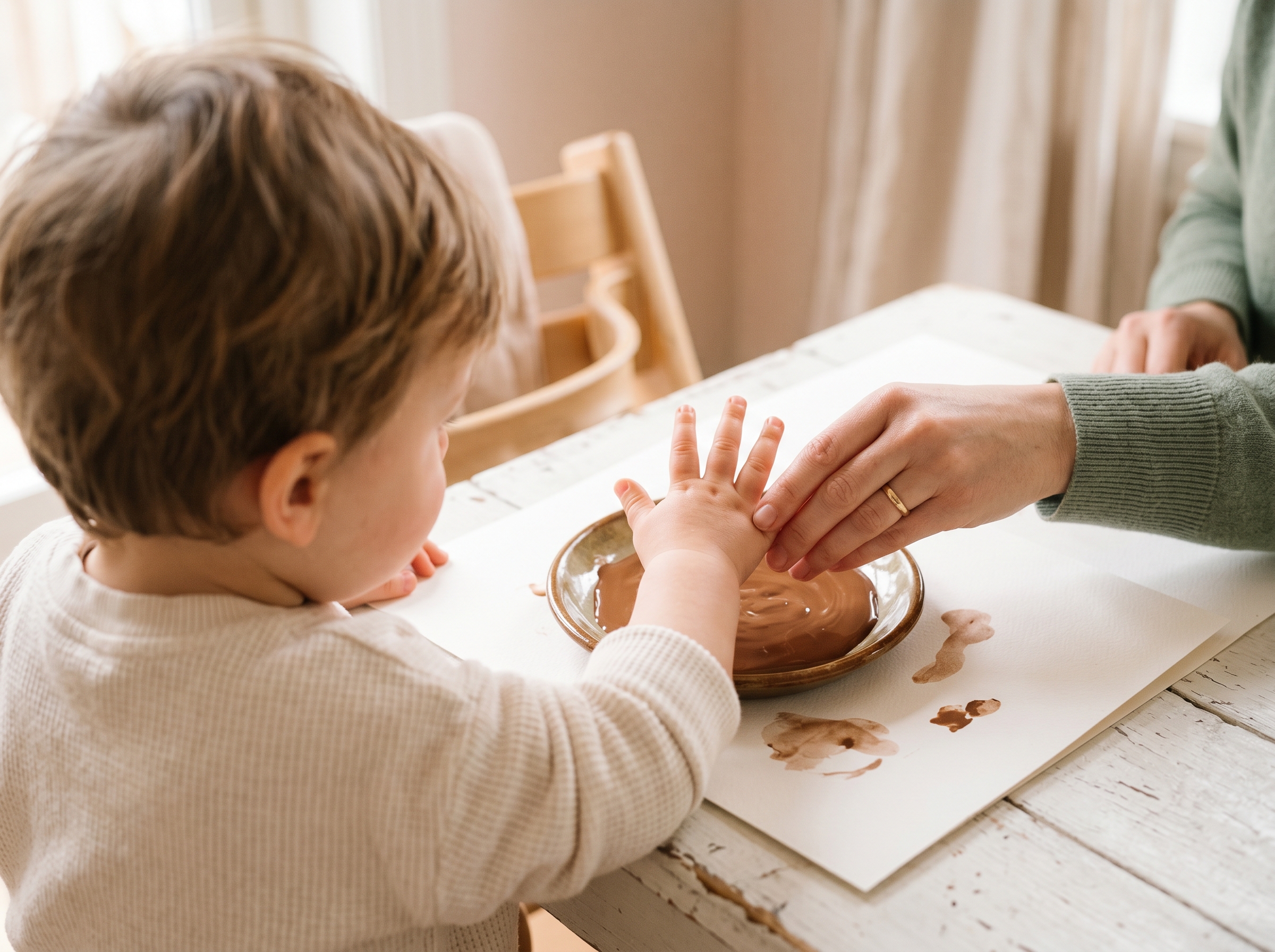Child's hand dipped in brown paint being pressed onto white cardstock to create turkey body
