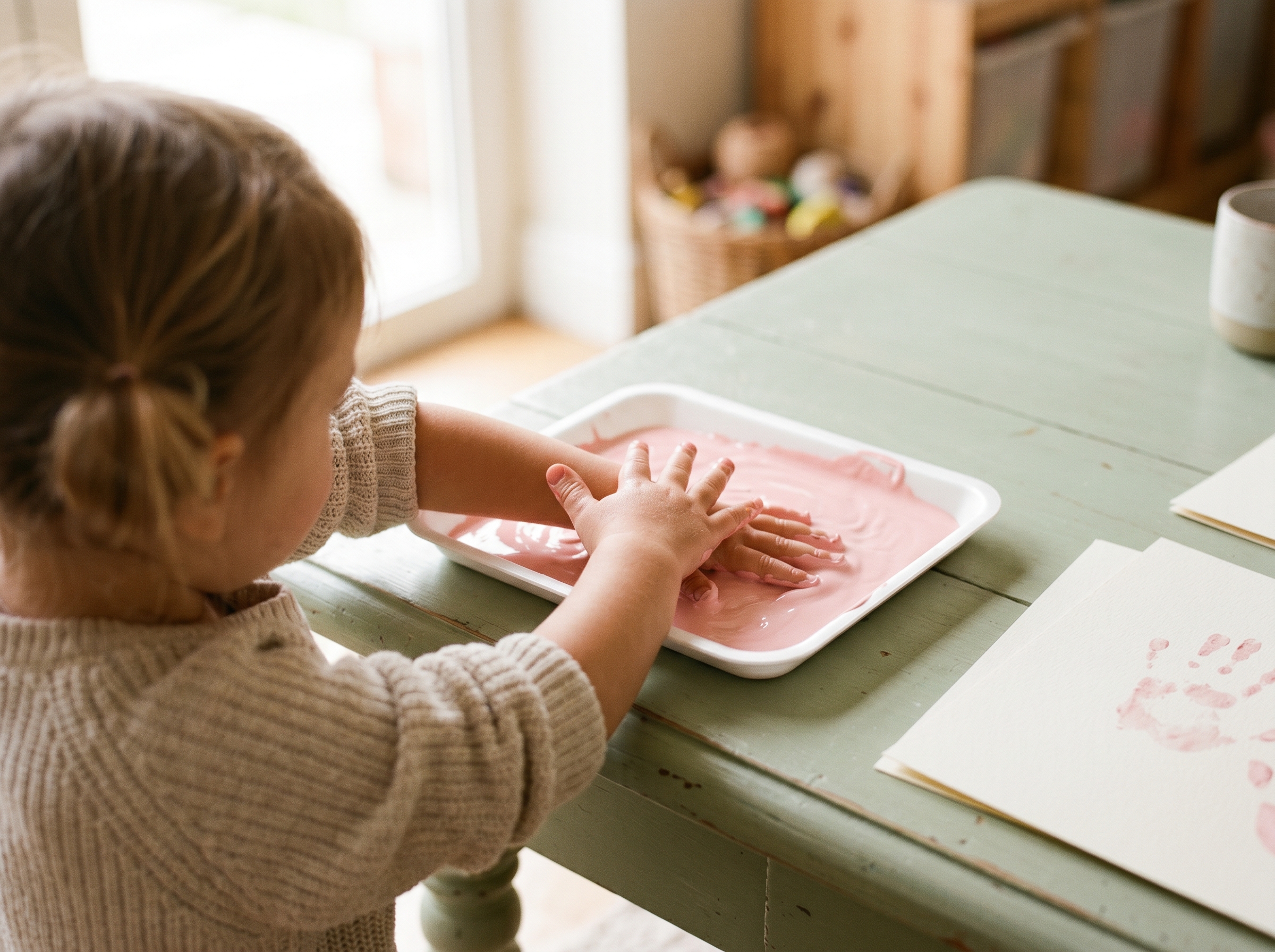 Child's hand pressing into pink washable paint in a shallow tray during spring craft activity