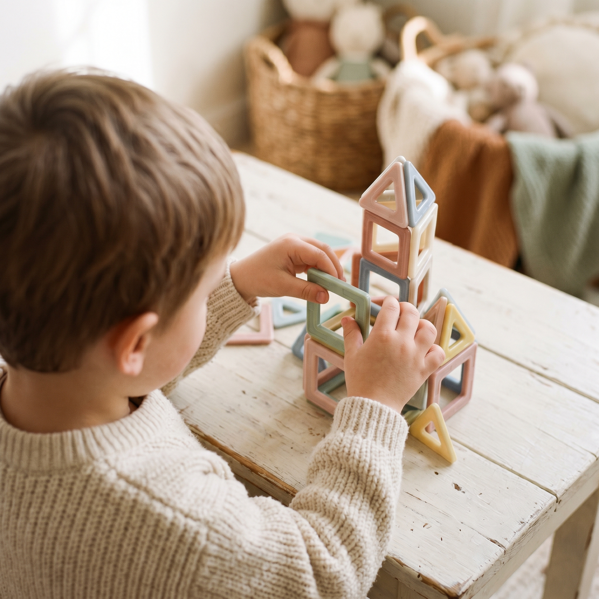 Child's hands stacking colorful magnetic tiles on a soft surface, viewed from above
