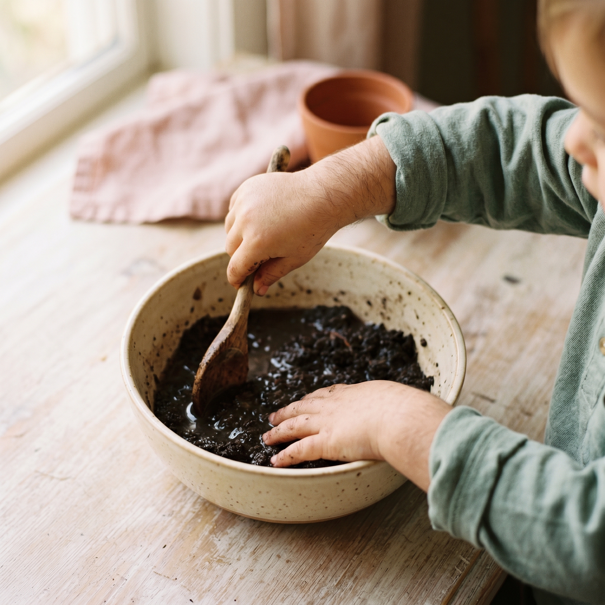 Child's hands mixing dark garden soil and water in a ceramic bowl with a wooden spoon