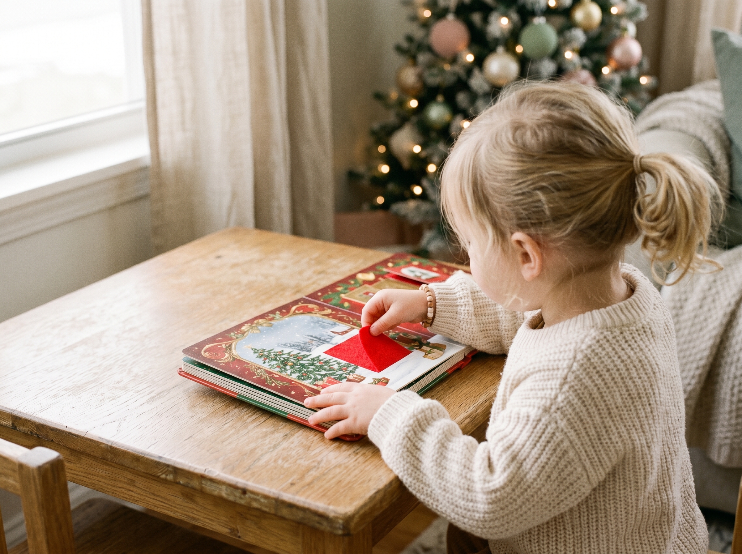 Small child hands pulling a colorful tab on an interactive Christmas board book with festive illustrations