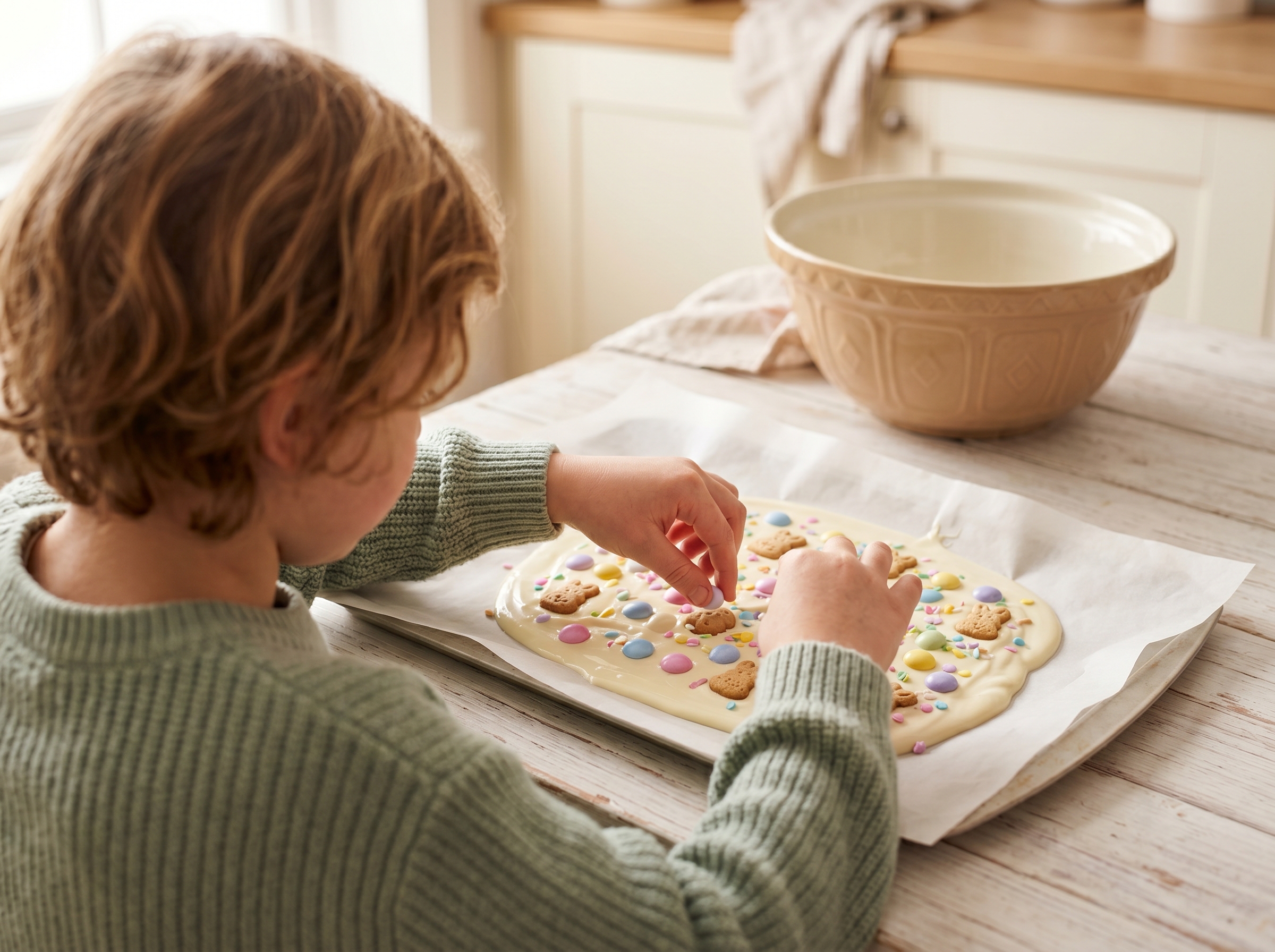 Child's hands pressing pastel candies and sprinkles into melted white chocolate on parchment paper