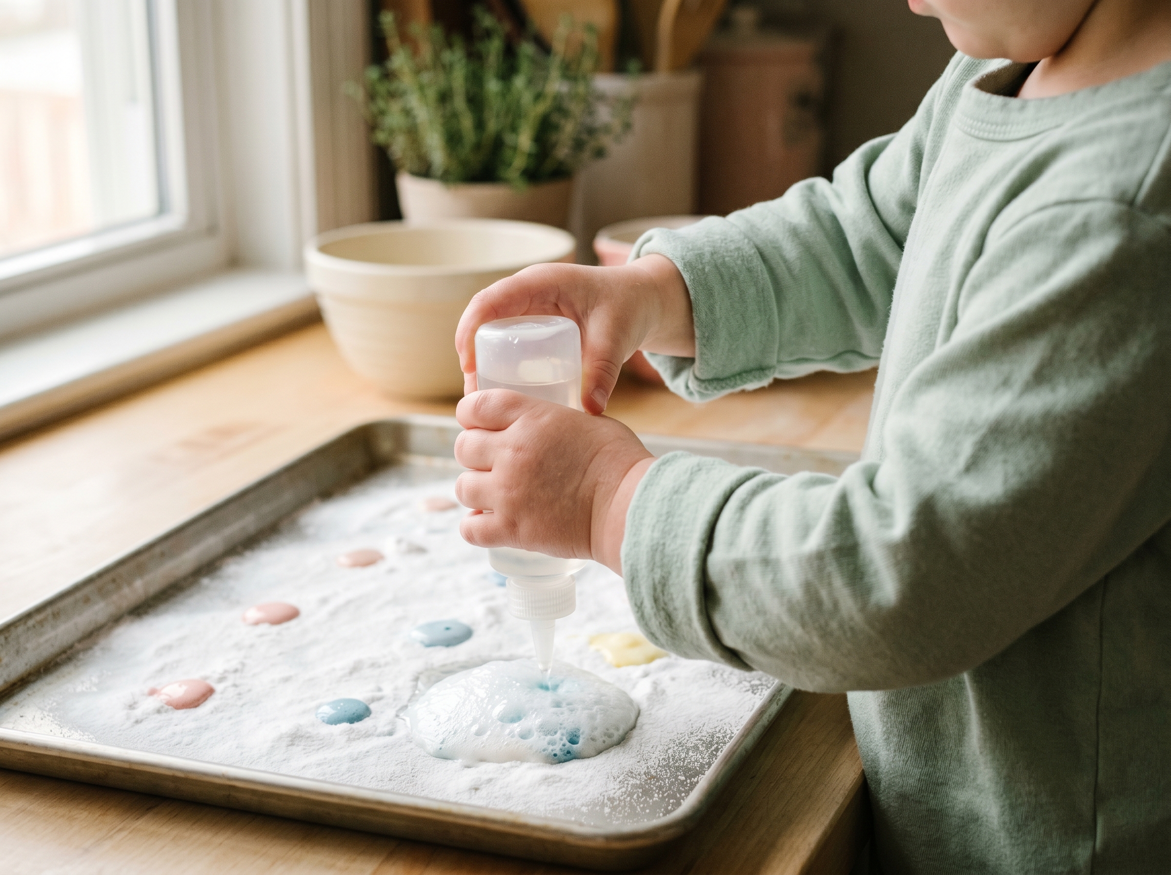 Child's hands squeezing vinegar bottle onto colorful baking soda creating fizzy bubbling reaction on tray