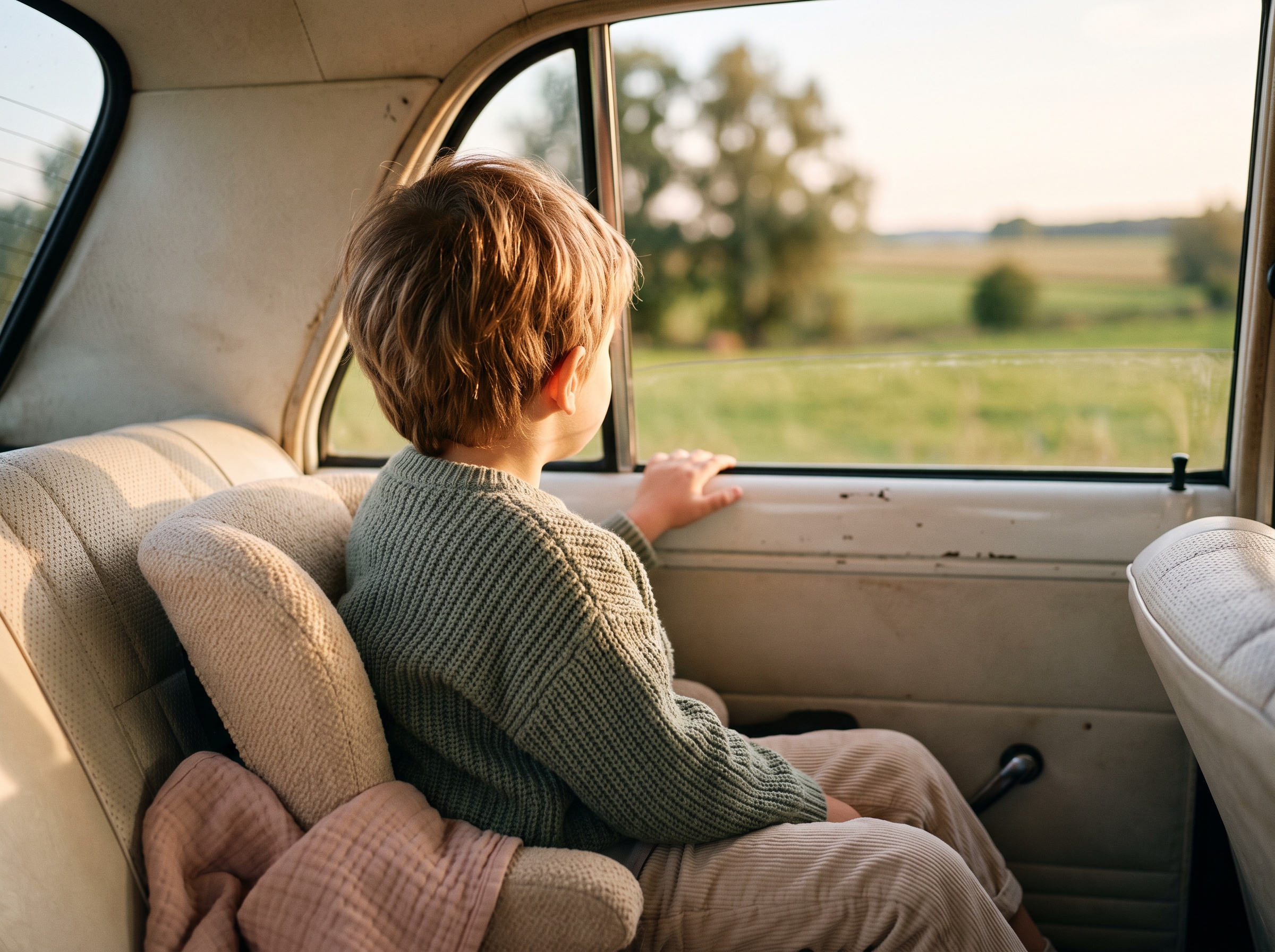 Child from behind in car backseat gazing out window at distant horizon and landscape