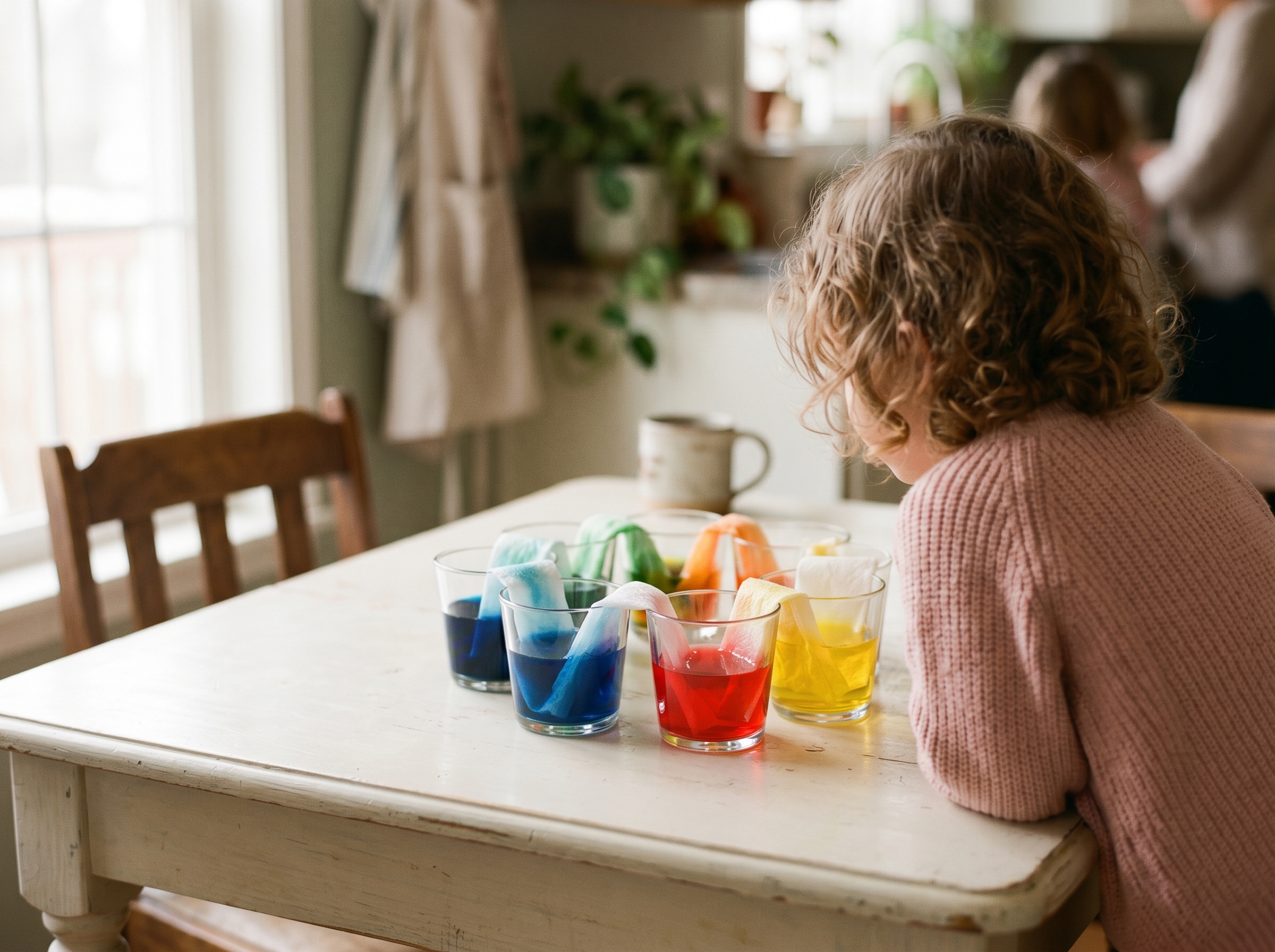 Child leaning over to observe the walking water rainbow experiment with all six cups showing color progression