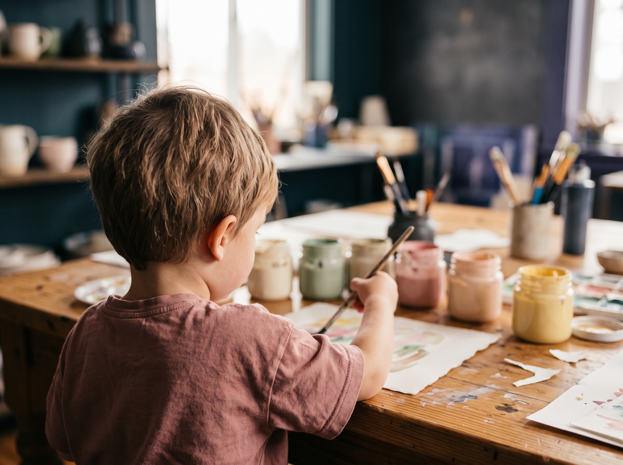 Child painting at a wooden table with colorful paint jars and brushes in an art studio setting