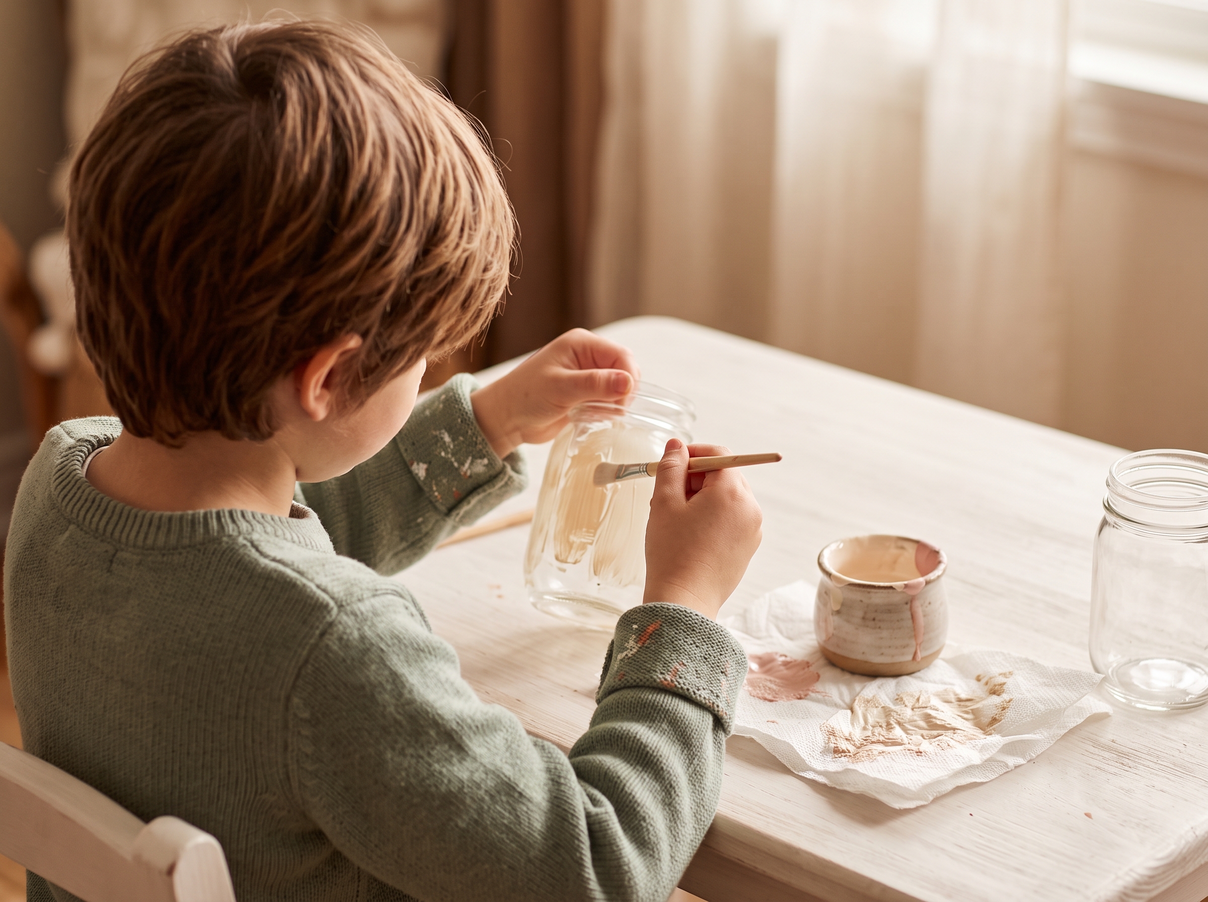 Child's hands holding a paintbrush and painting a clear mason jar with bright acrylic paint at a craft table