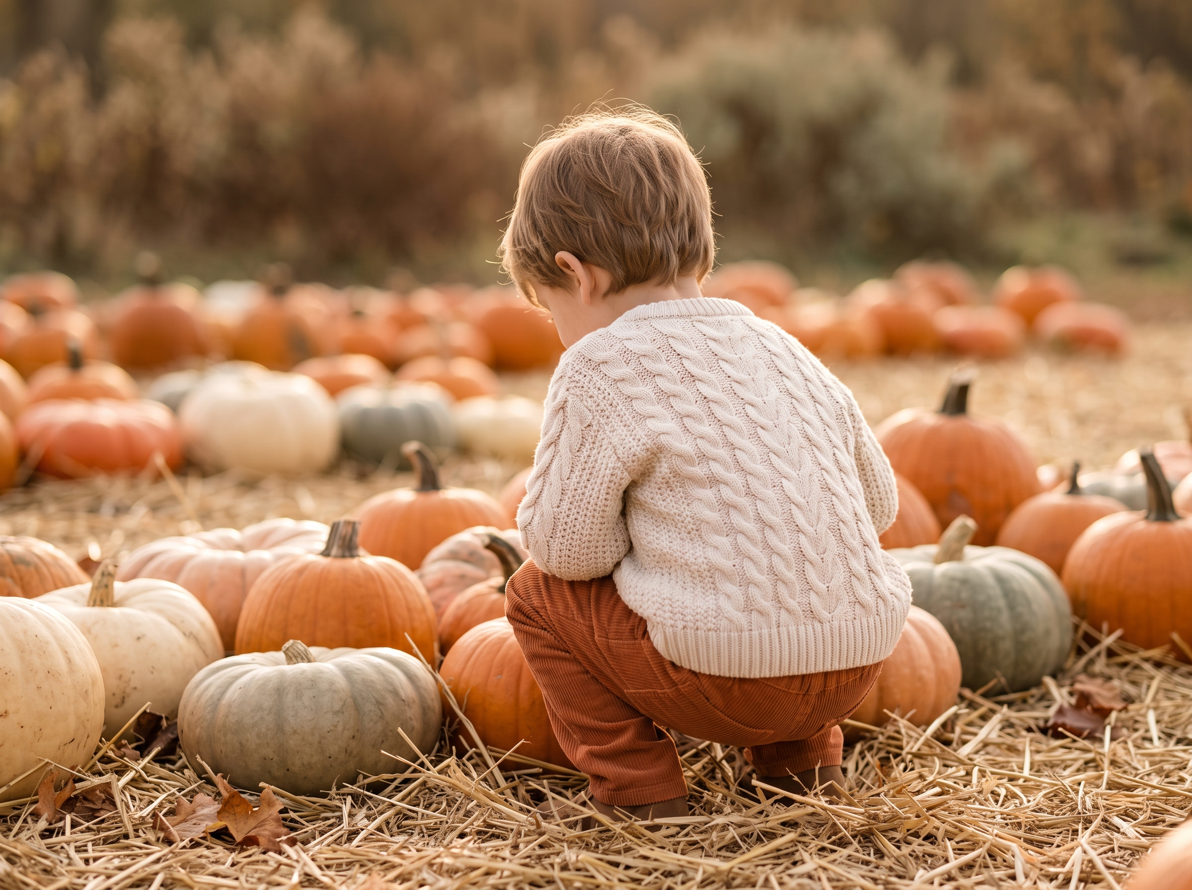 Child from behind selecting a pumpkin in a field of orange pumpkins on straw at a pumpkin patch
