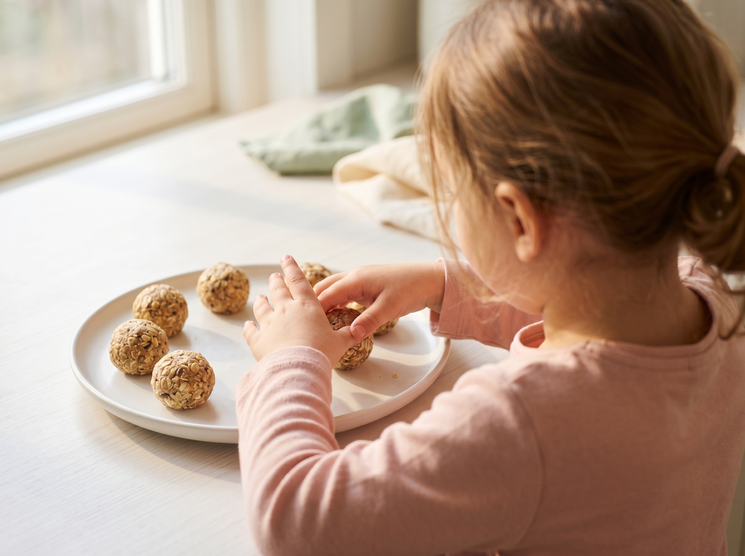 Child's hands rolling no-bake snack bite dough into a ball on a white plate