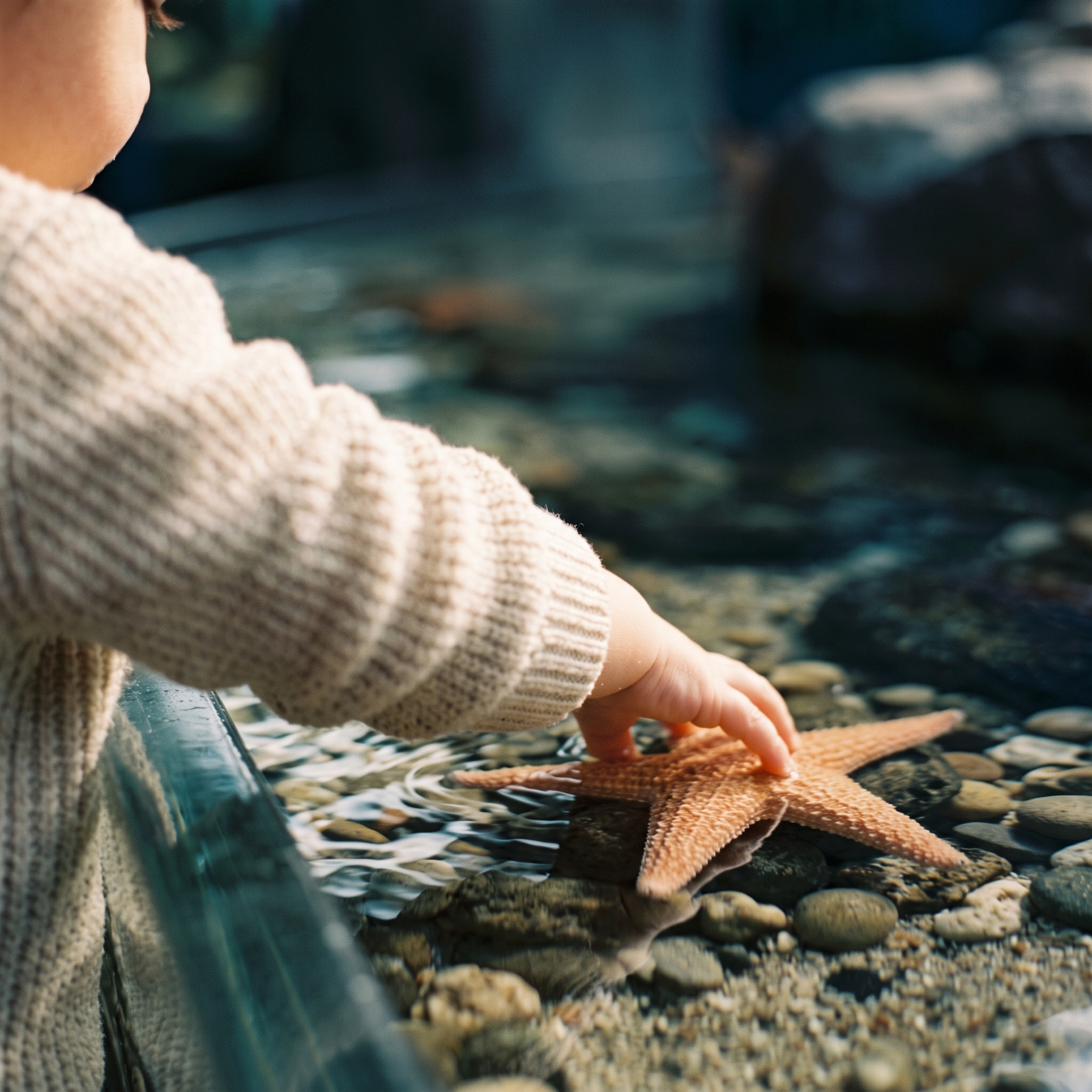 Child's hand gently touching a starfish in a shallow touch tank at an aquarium