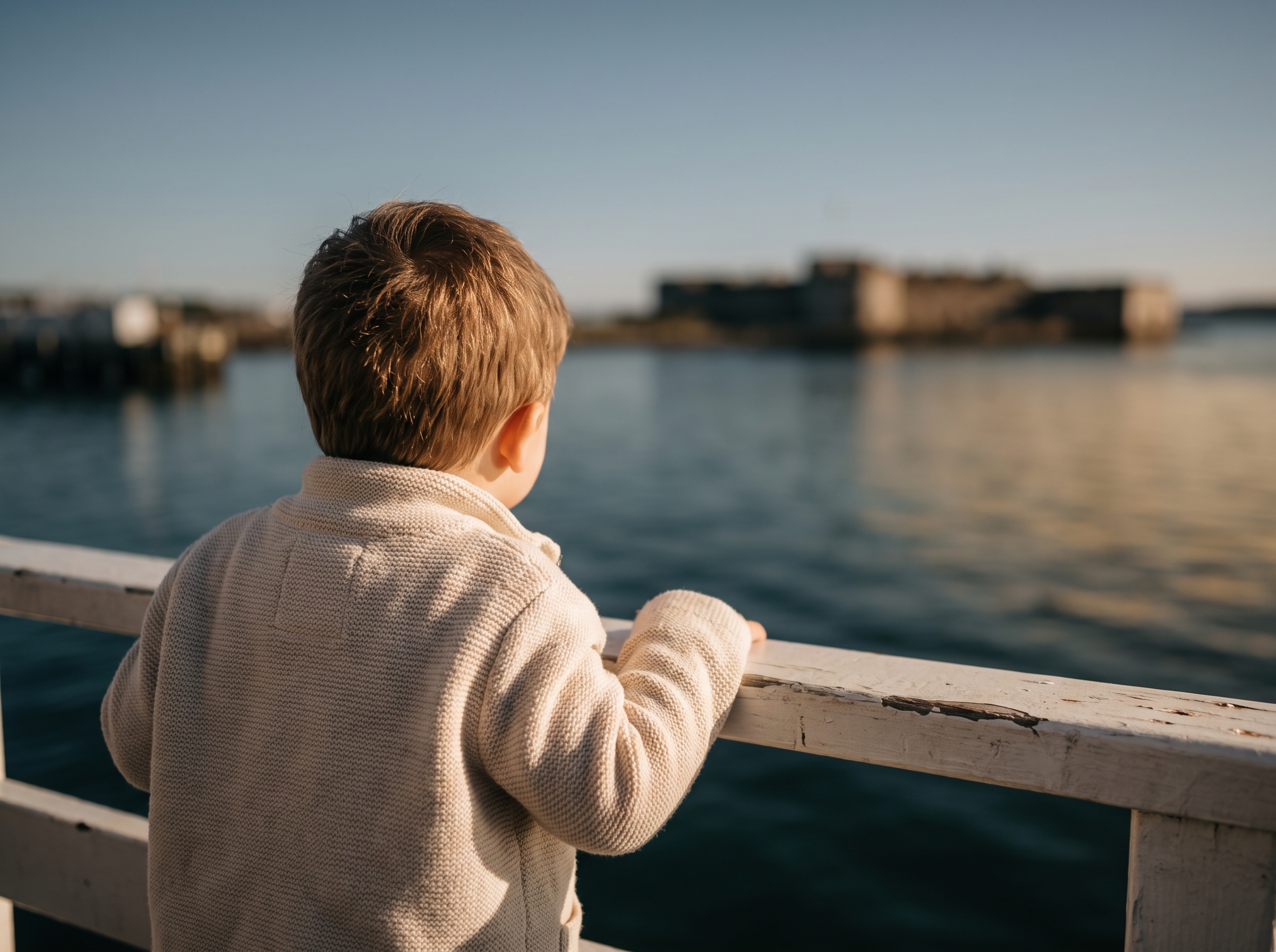 Child leaning on a ferry boat railing gazing out at the harbor and historic fort in the distance