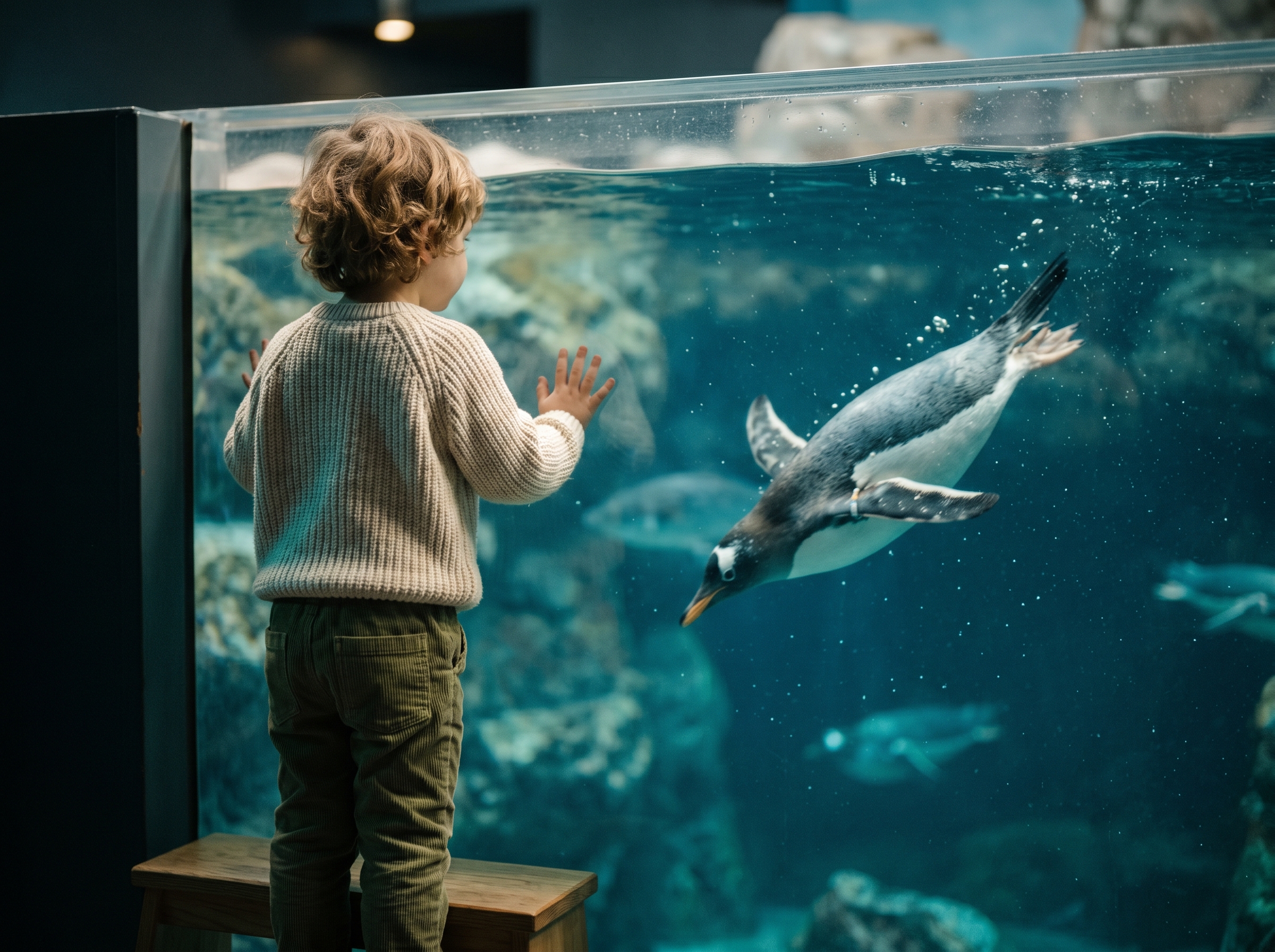 Child from behind watching penguins swimming in a clear aquarium tank